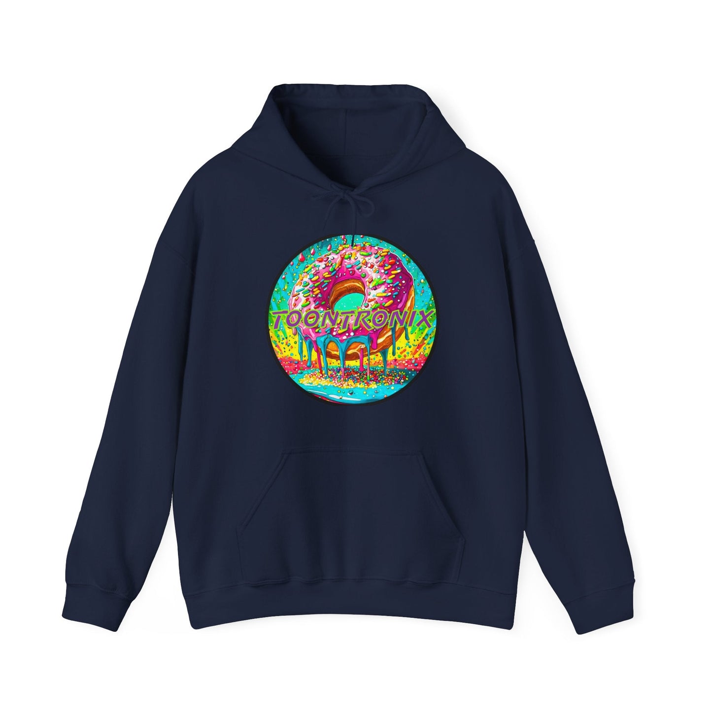Unisex heavy blend sweatshirt with Toontronix donut design, featuring a kangaroo pocket and adjustable drawstring hood.