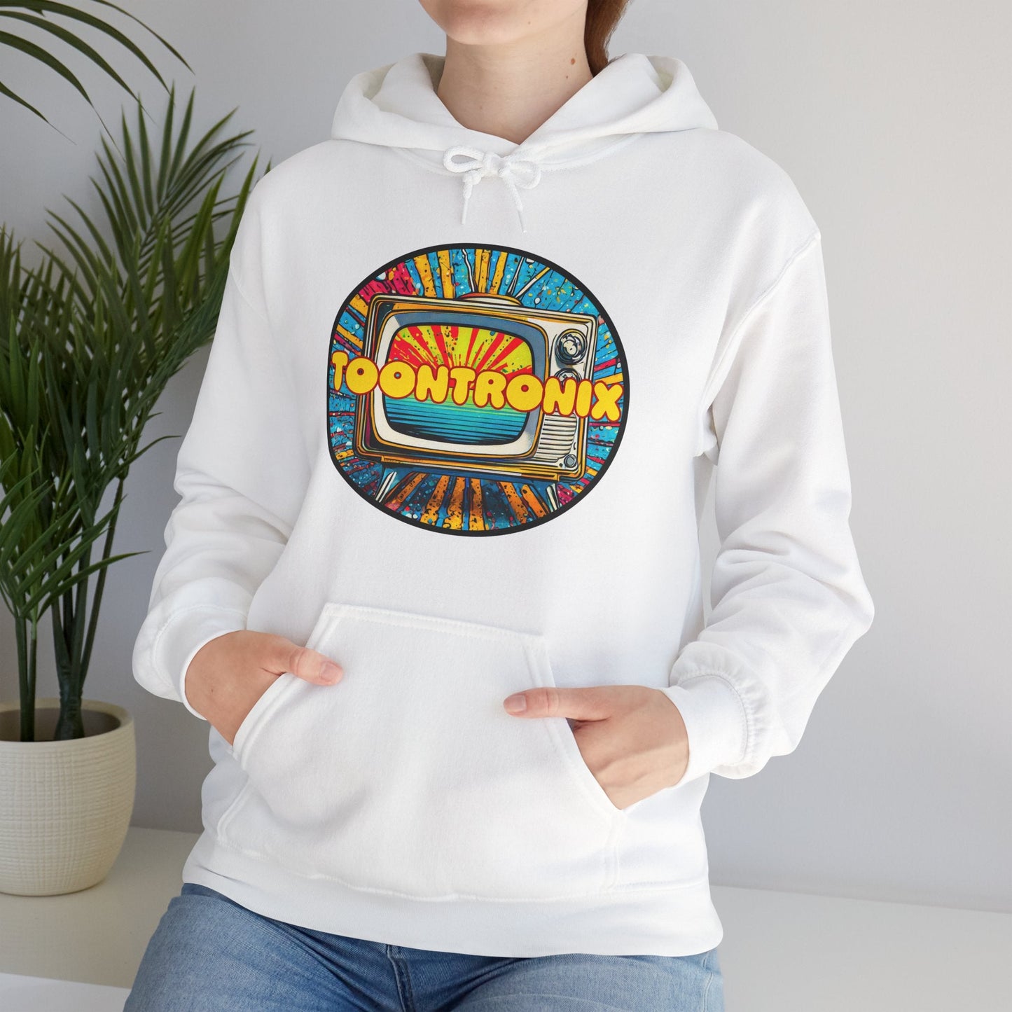 Unisex white hoodie with "Toontronix" TV graphic, kangaroo pocket, and drawstring hood.