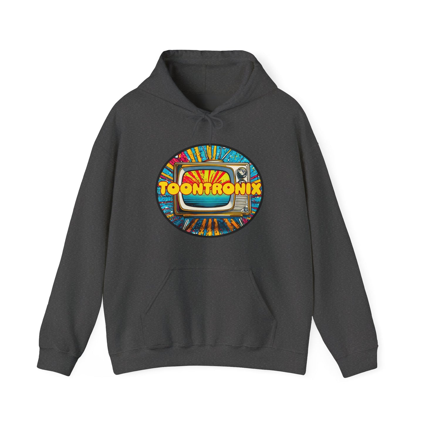 Unisex Toontronix Donut Hoodie with colorful logo design, heavy blend sweatshirt, cozy kangaroo pocket, adjustable hood.