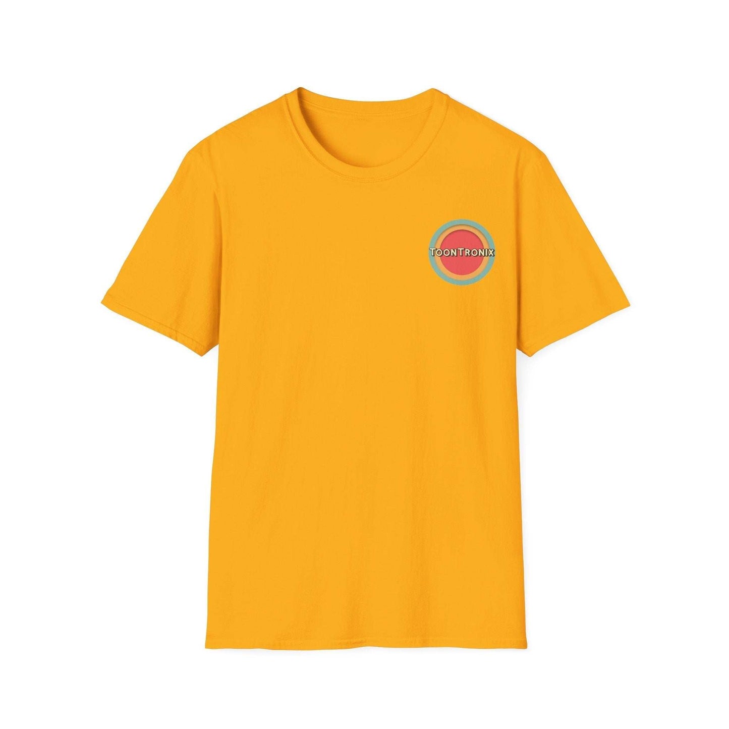 Toontronix Tv Tee Unisex Shirt in yellow with ribbed collar, featuring Toontronix logo on the chest.