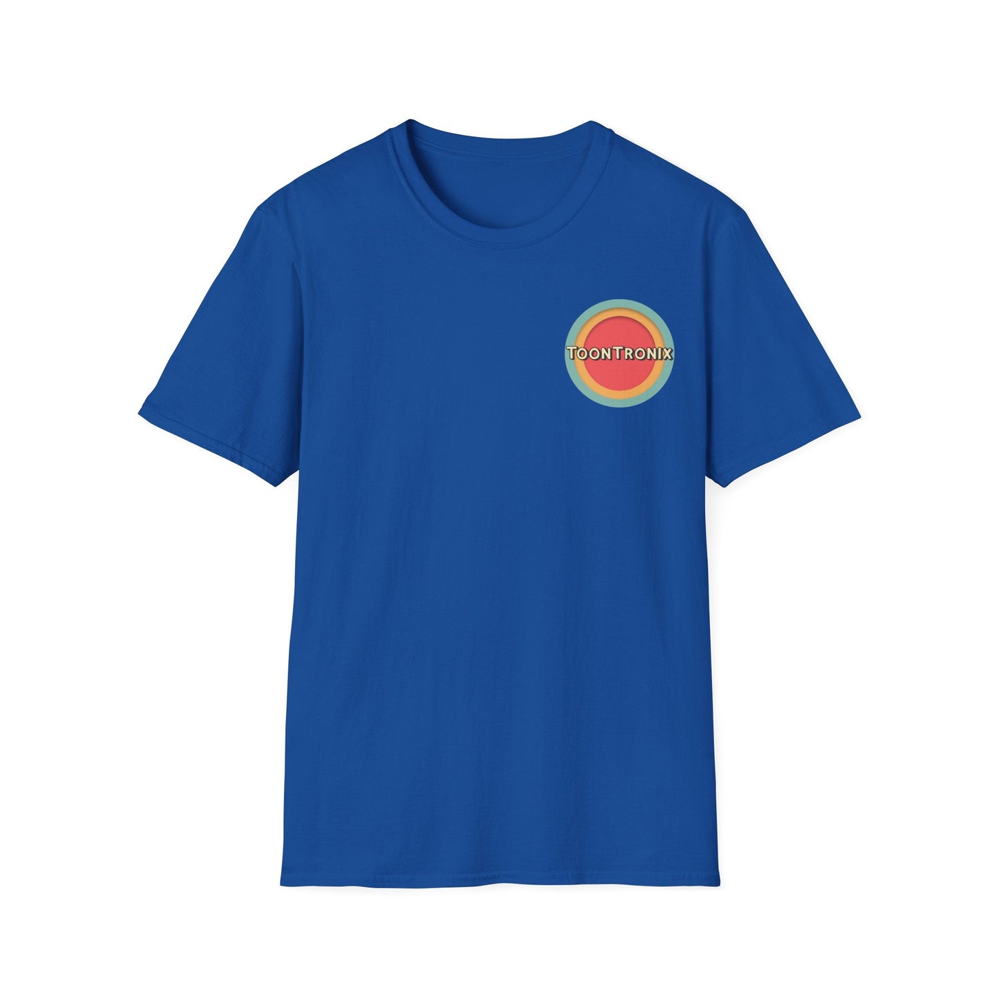 Toontronix Toons Logo Tee in blue with ribbed collar, featuring colorful logo for fans of animated characters.