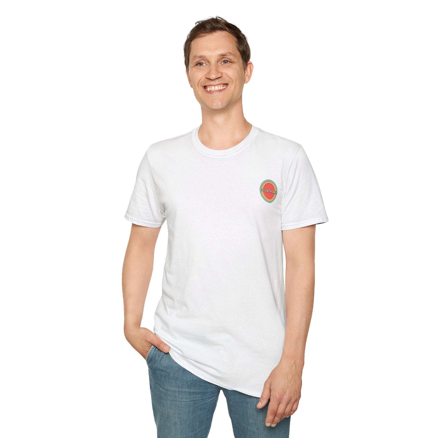 Toontronix Atomic Tv Tee with nostalgic cartoon design in white, worn by a smiling person.
