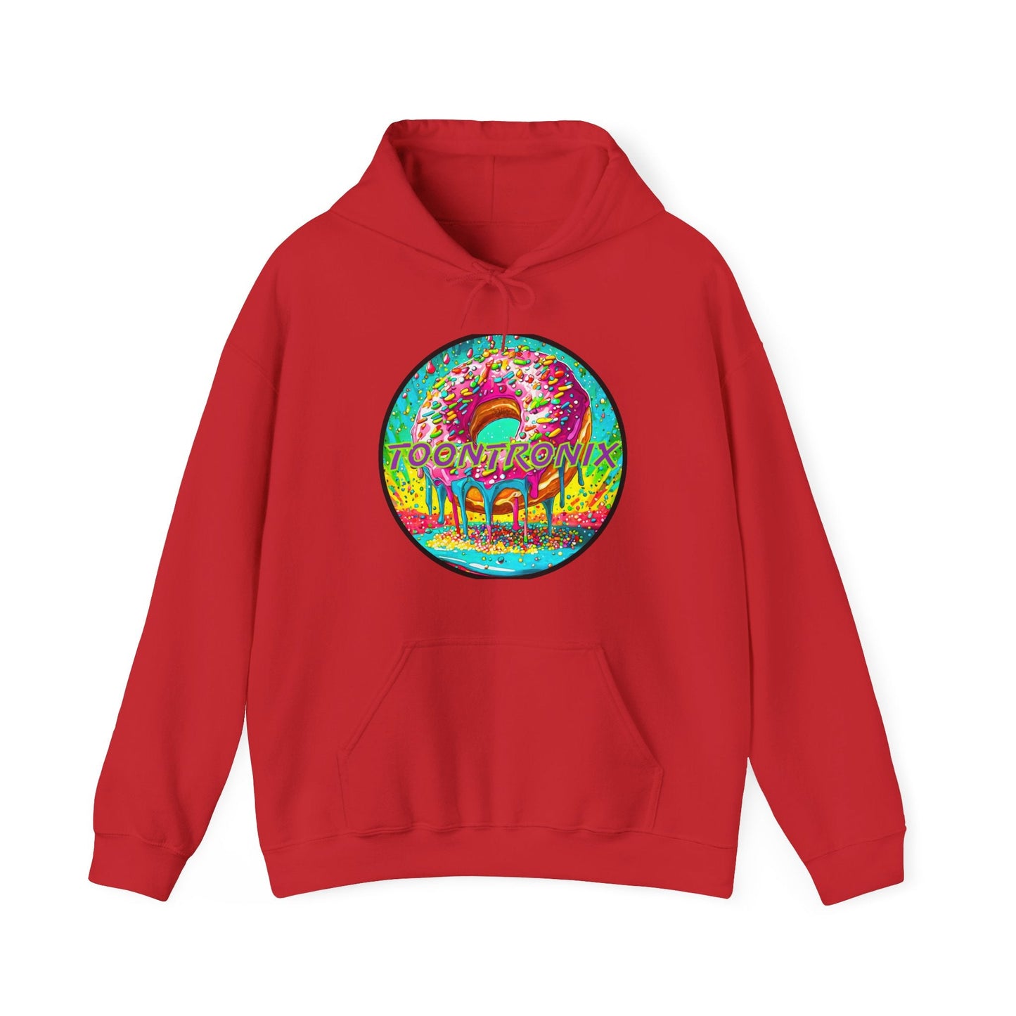 Unisex Toontronix Donut Hoodie in red with colorful donut graphic, featuring spacious kangaroo pocket and adjustable drawstring hood.