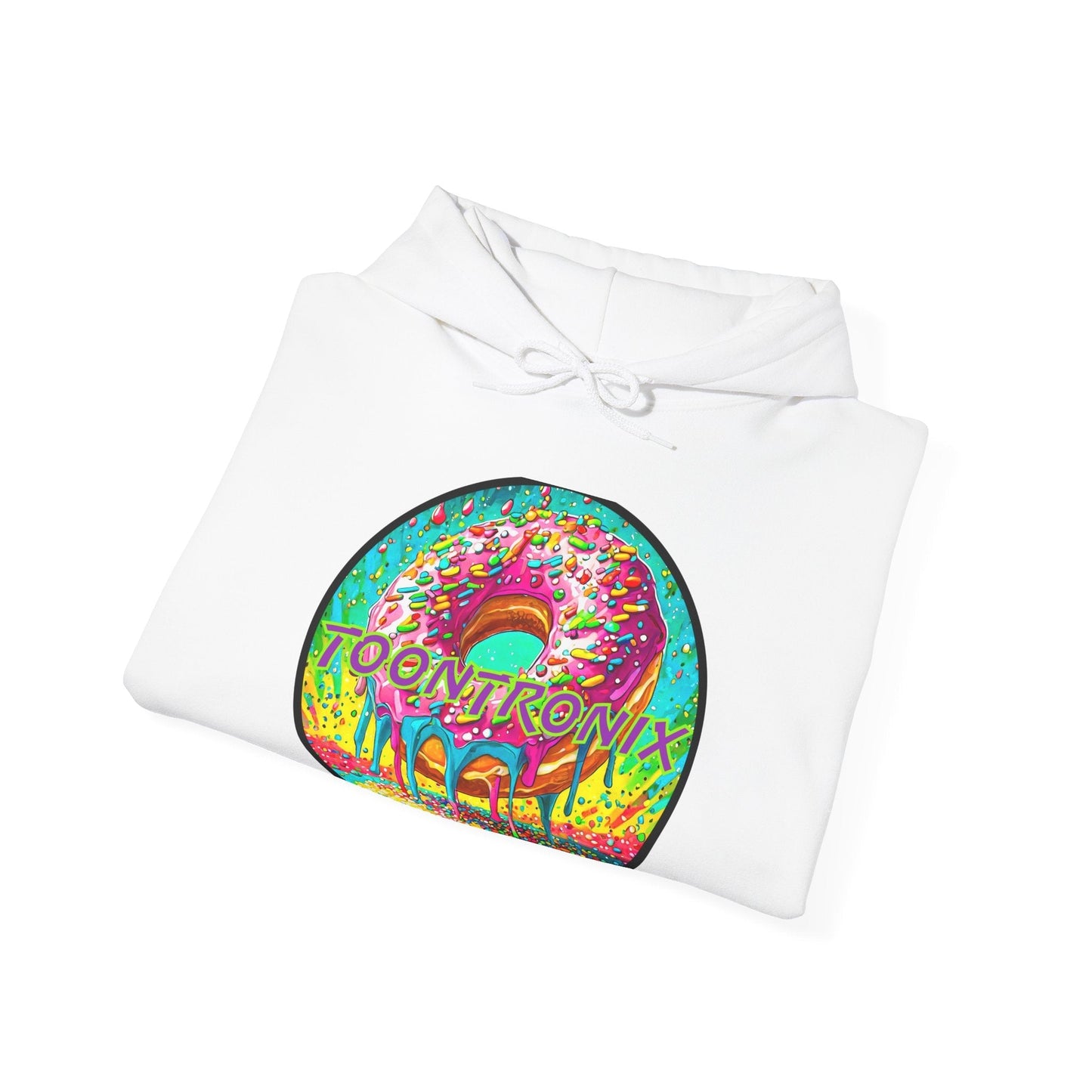 Unisex Toontronix Donut Hoodie with colorful donut design and cozy kangaroo pocket.