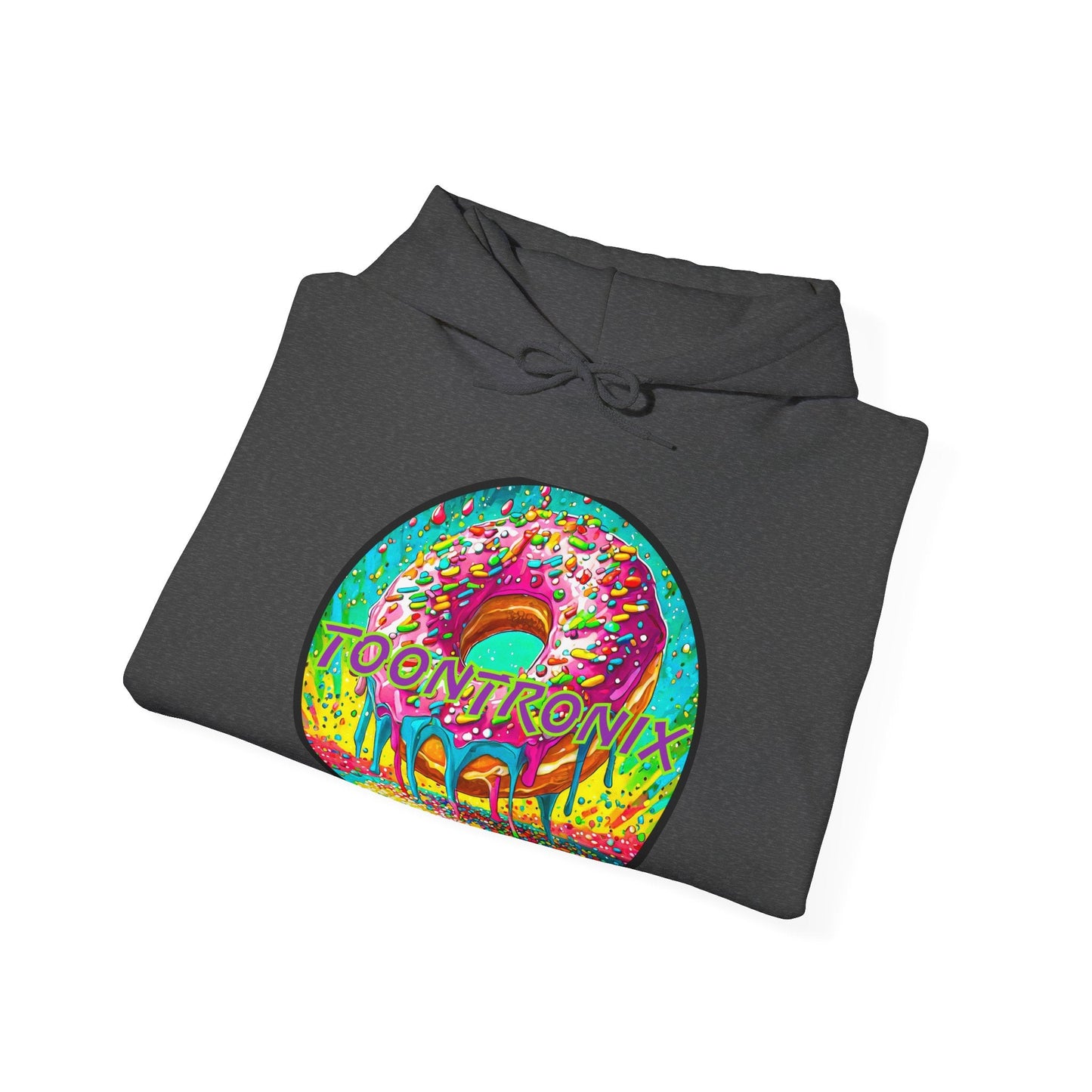 Toontronix Donut Hoodie in dark fabric with vibrant donut graphic and logo.