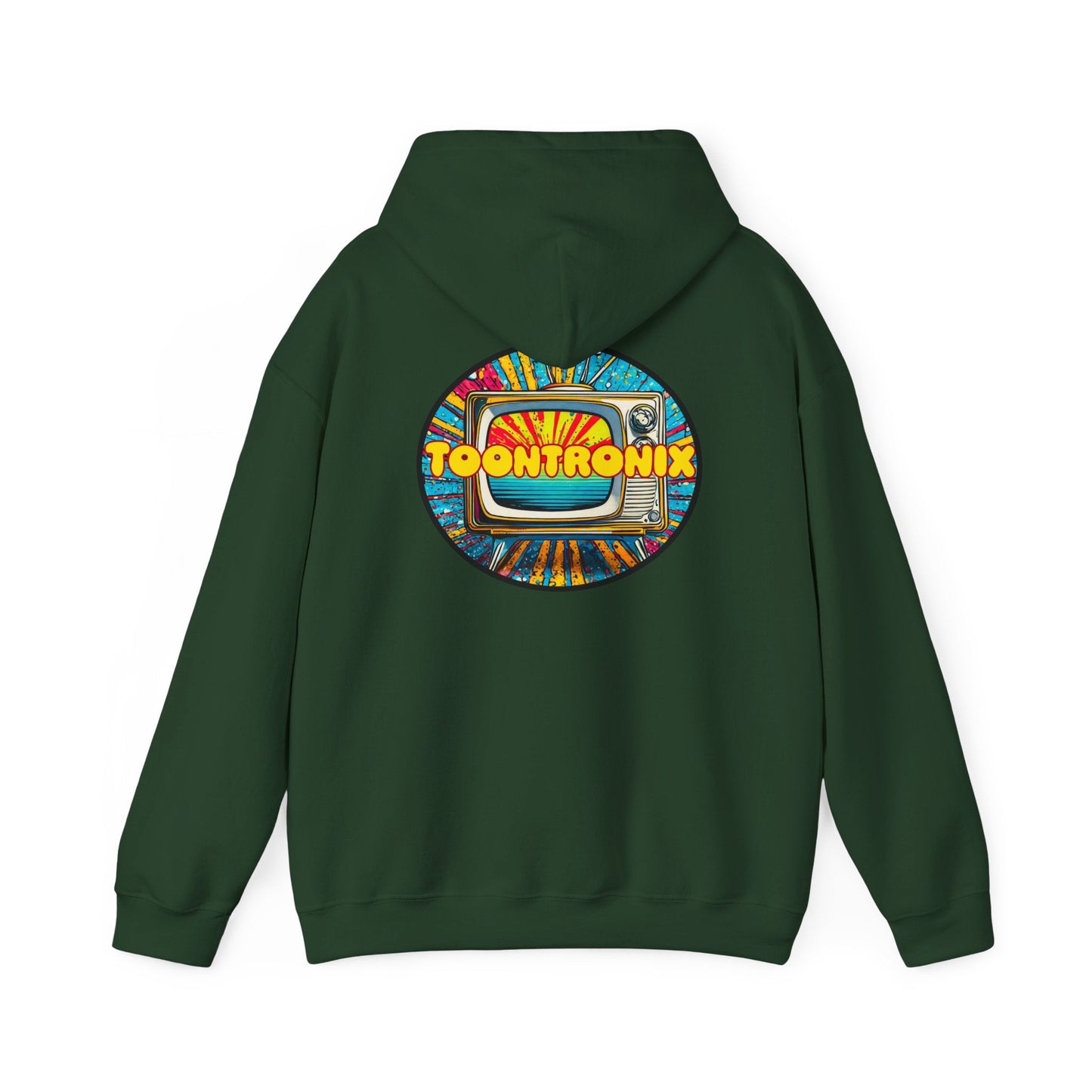 Unisex Toontronix TV Hoodie with colorful graphic and adjustable drawstring hood.