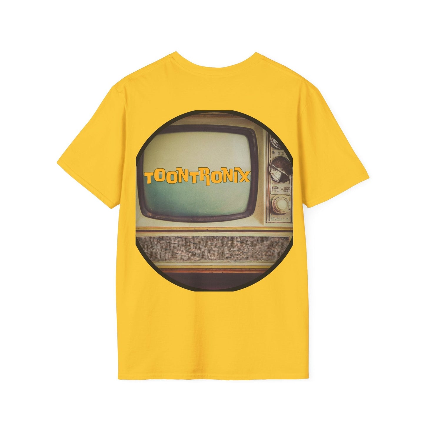 Yellow Toontronix Atomic Tv Tee featuring a vintage cartoon TV design.