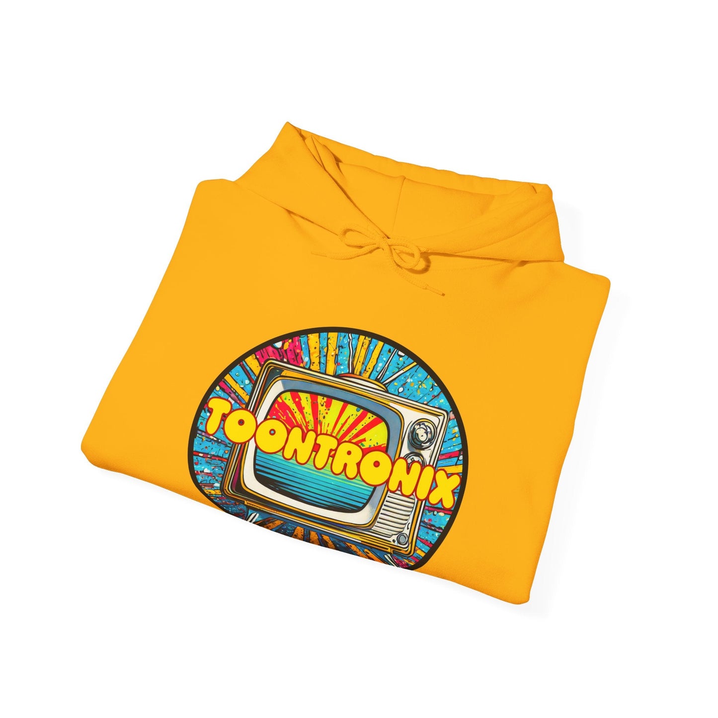 Toontronix TV Hoodie in yellow with colorful TV graphic, unisex heavy blend, cozy and stylish.