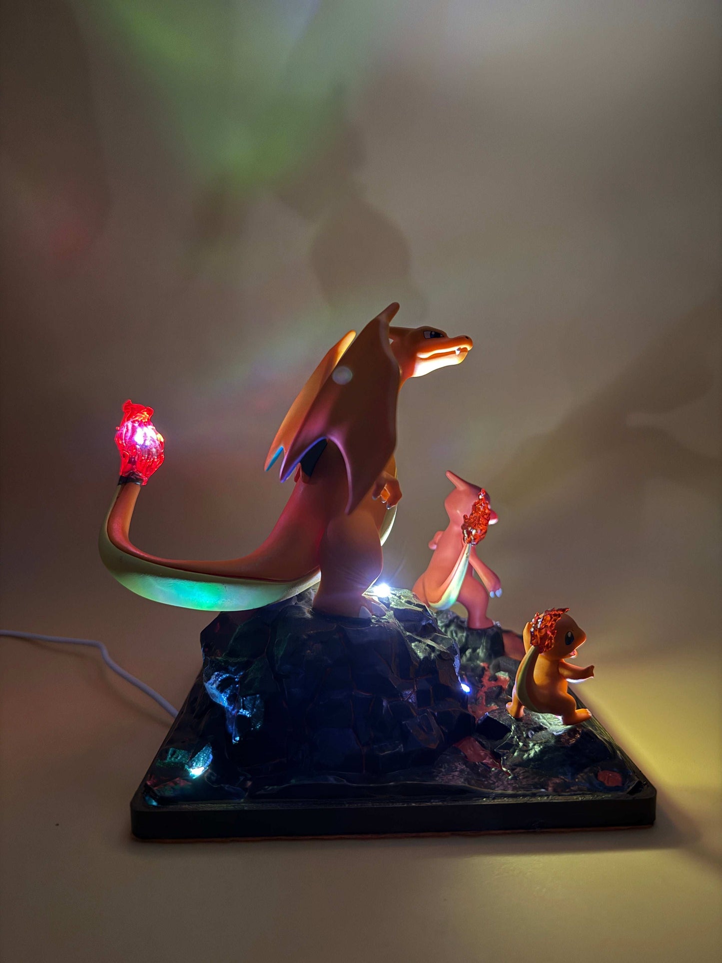 6" Charizard Charmeleon Charmander statue USB desk lamp, glowing figures on rocky base.
