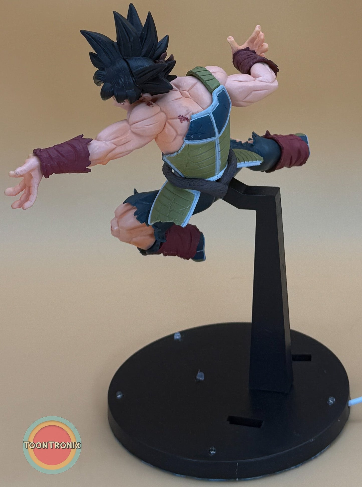 9" Dragonball Z Bardock Statue USB desk lamp showing Bardock mid-action on a black circular base with built-in USB cord