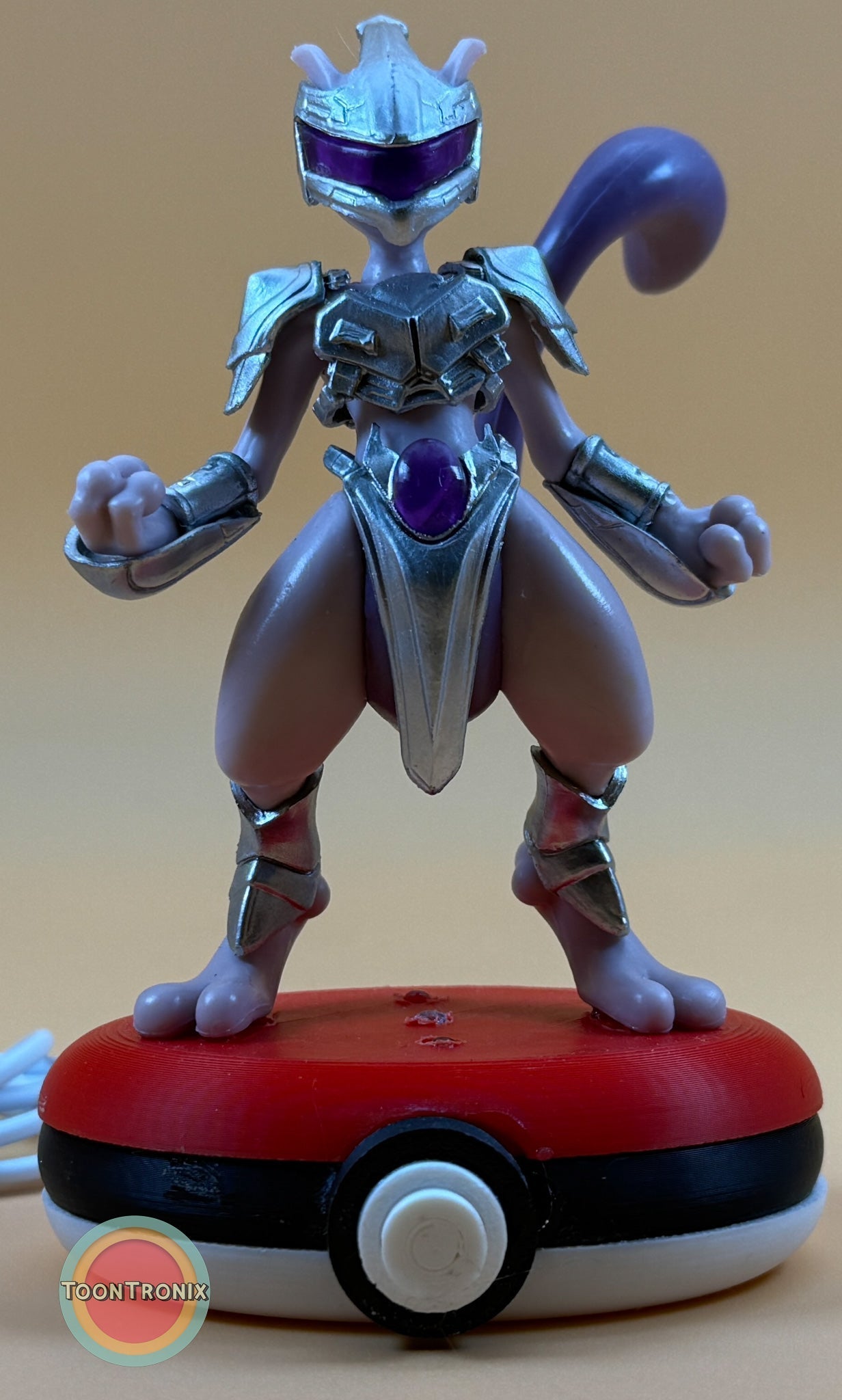 5" Mewtwo Pokemon statue USB desk lamp standing on a red and white Pokeball base