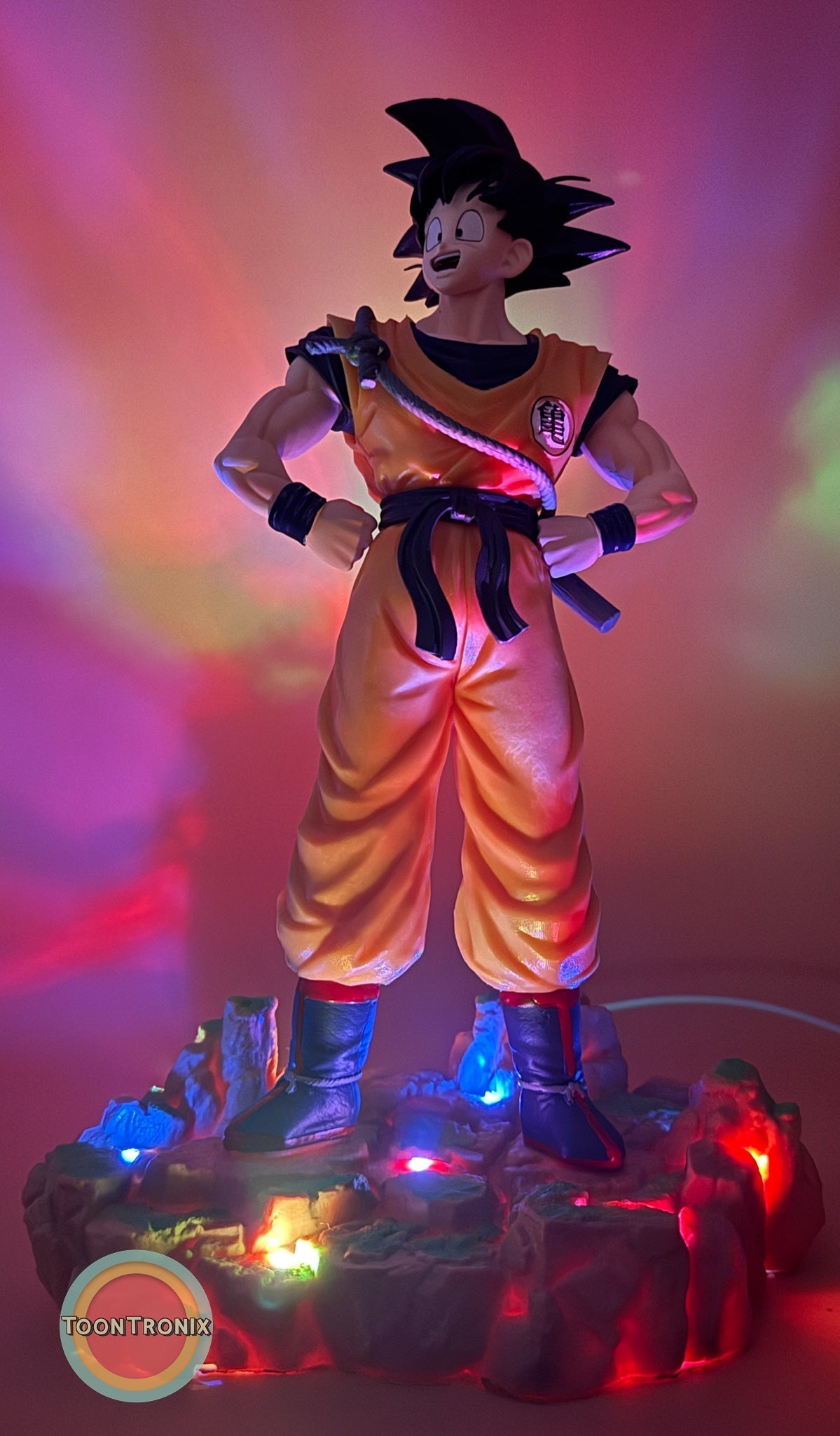 12" 1 FT Goku Statue USB desk lamp with colorful LED base lighting and anime character design