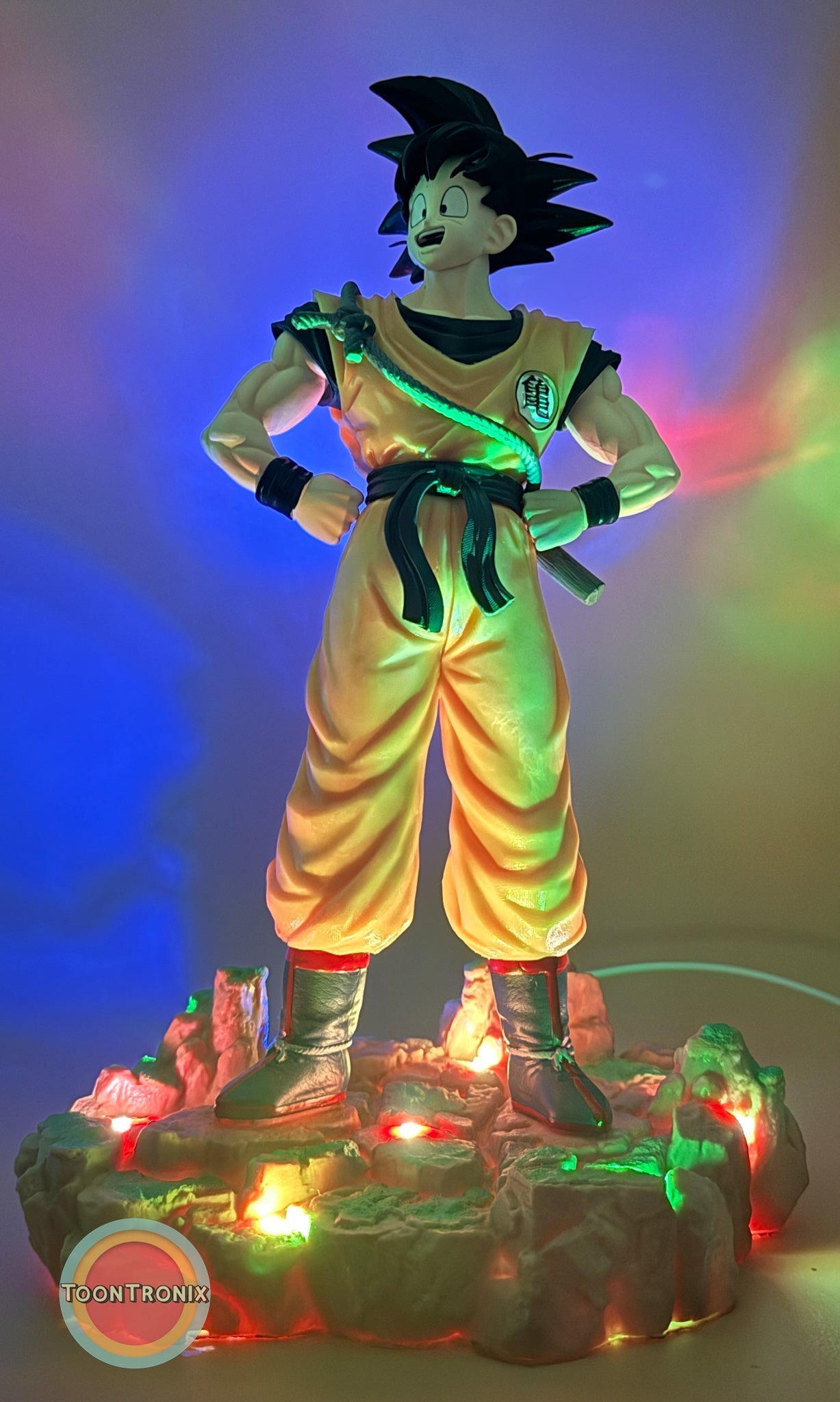 12" 1 FT Goku Statue Dragonball Z USB desk lamp with colorful LED lights on rocky base