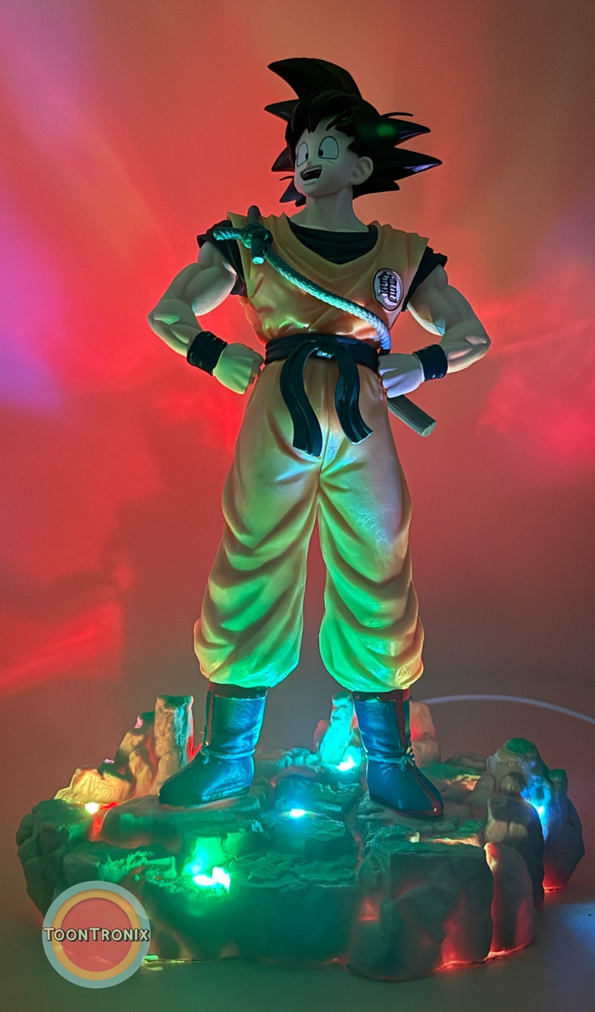 12" 1 FT Goku Statue USB desk lamp with colorful LED base lighting and built-in USB cord