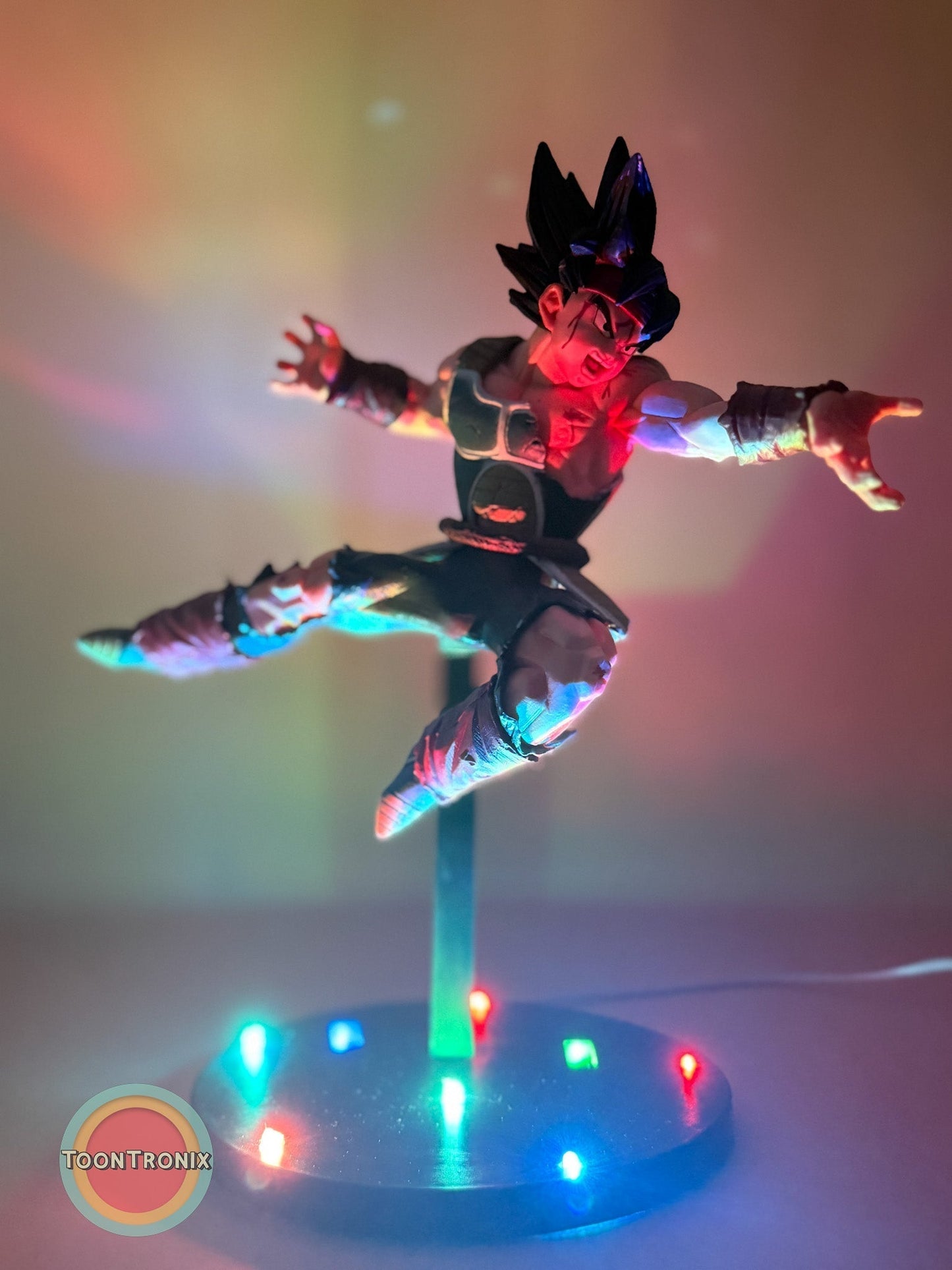 9" Dragonball Z Bardock statue desk lamp with built-in USB cord, illuminated base with multicolor lights