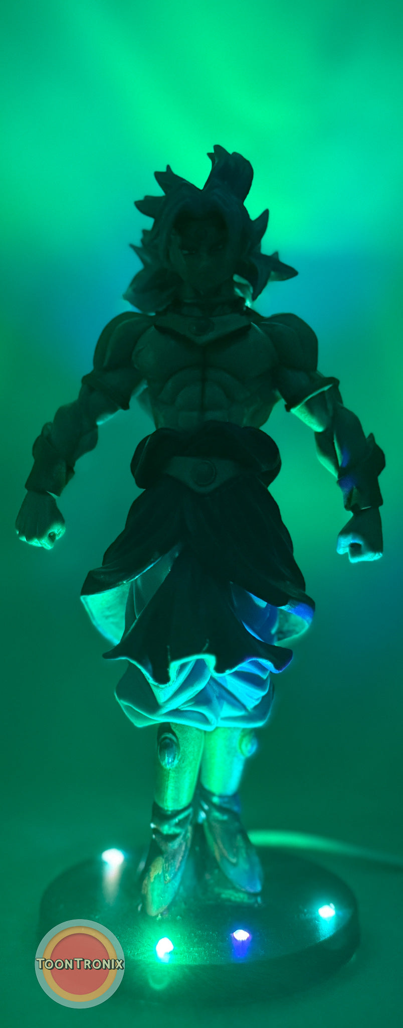 7" Dragonball Z Broly statue desk lamp with built-in USB cord glowing in green light