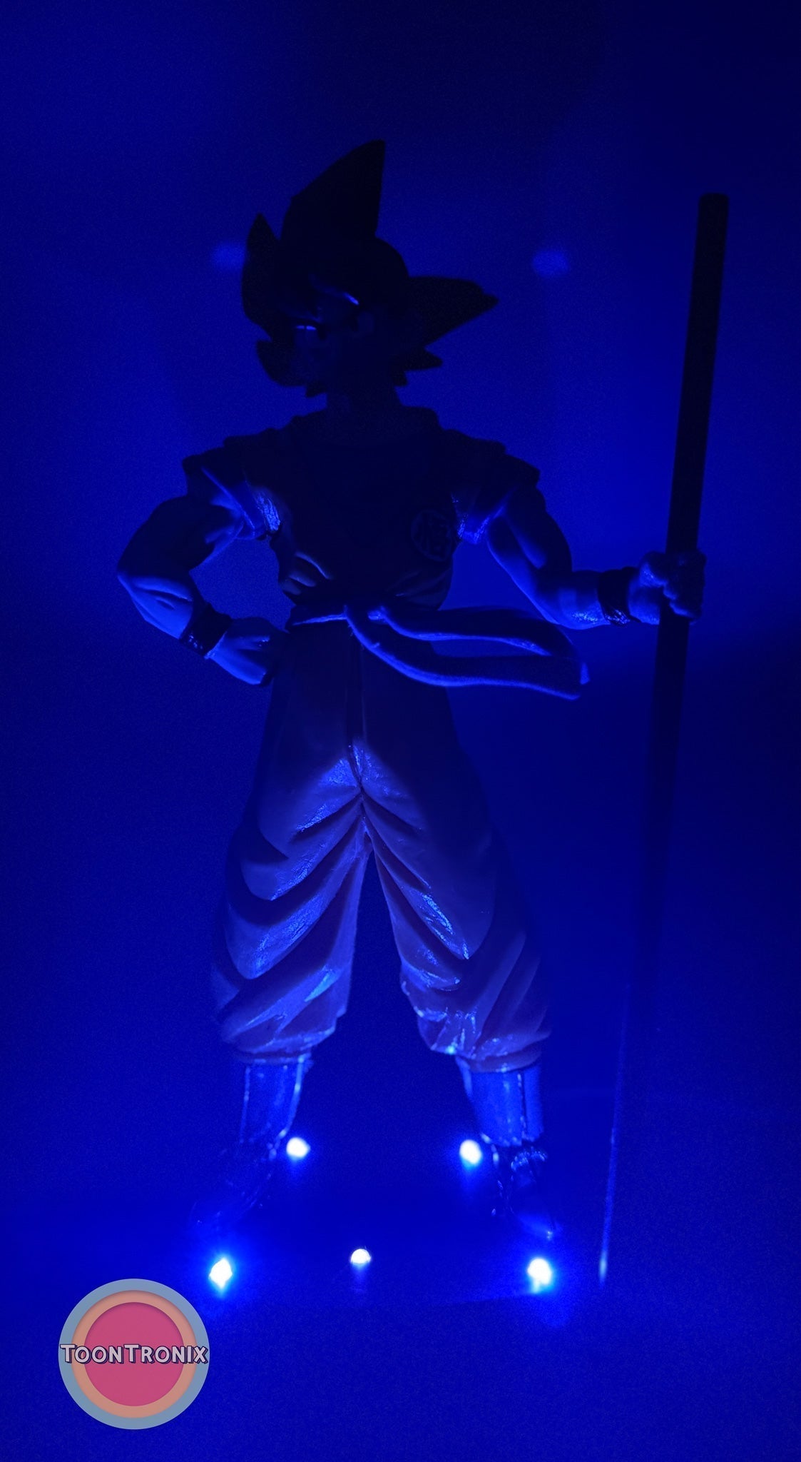 8" Dragonball Z Goku Statue USB desk lamp glowing blue with staff and USB cord