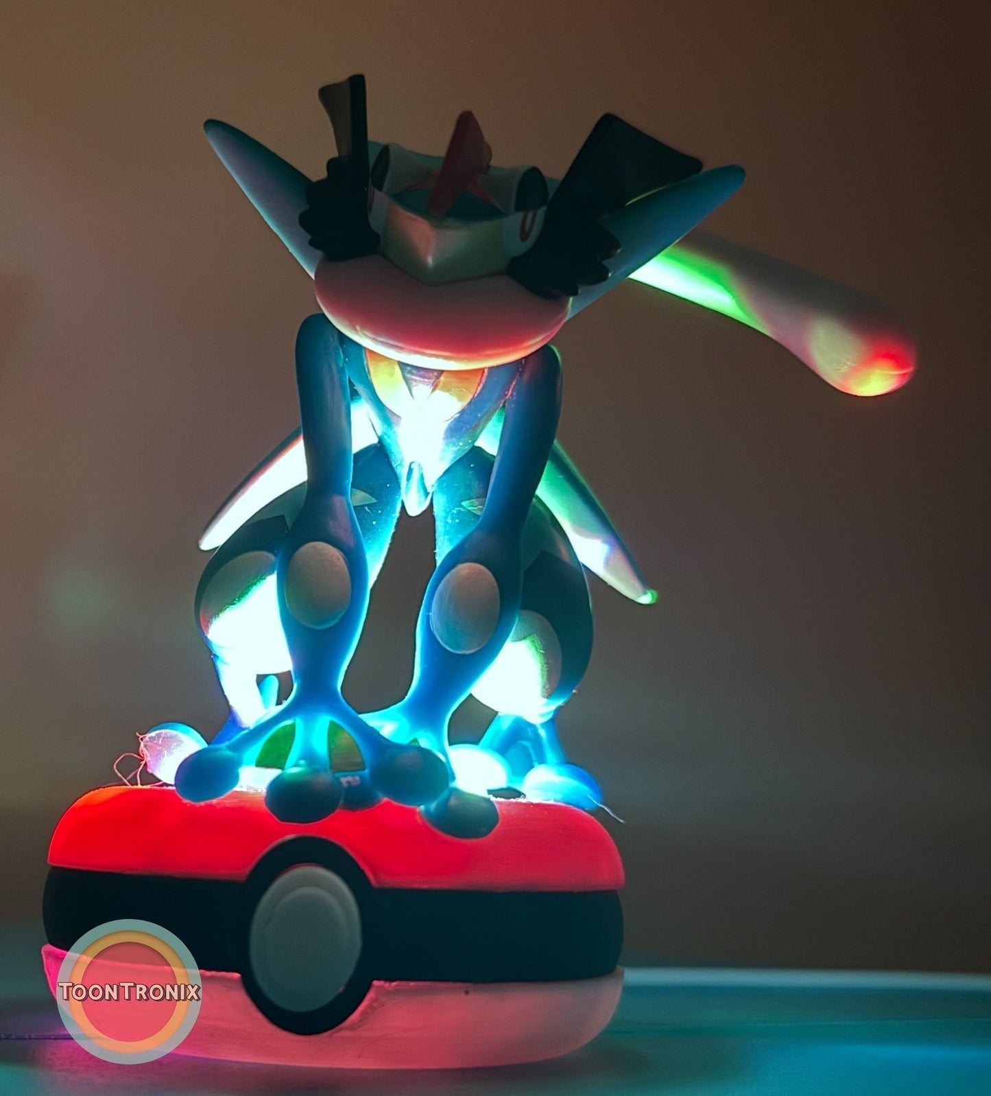 3" Greninja Pokémon statue USB desk lamp glowing on Pokéball base