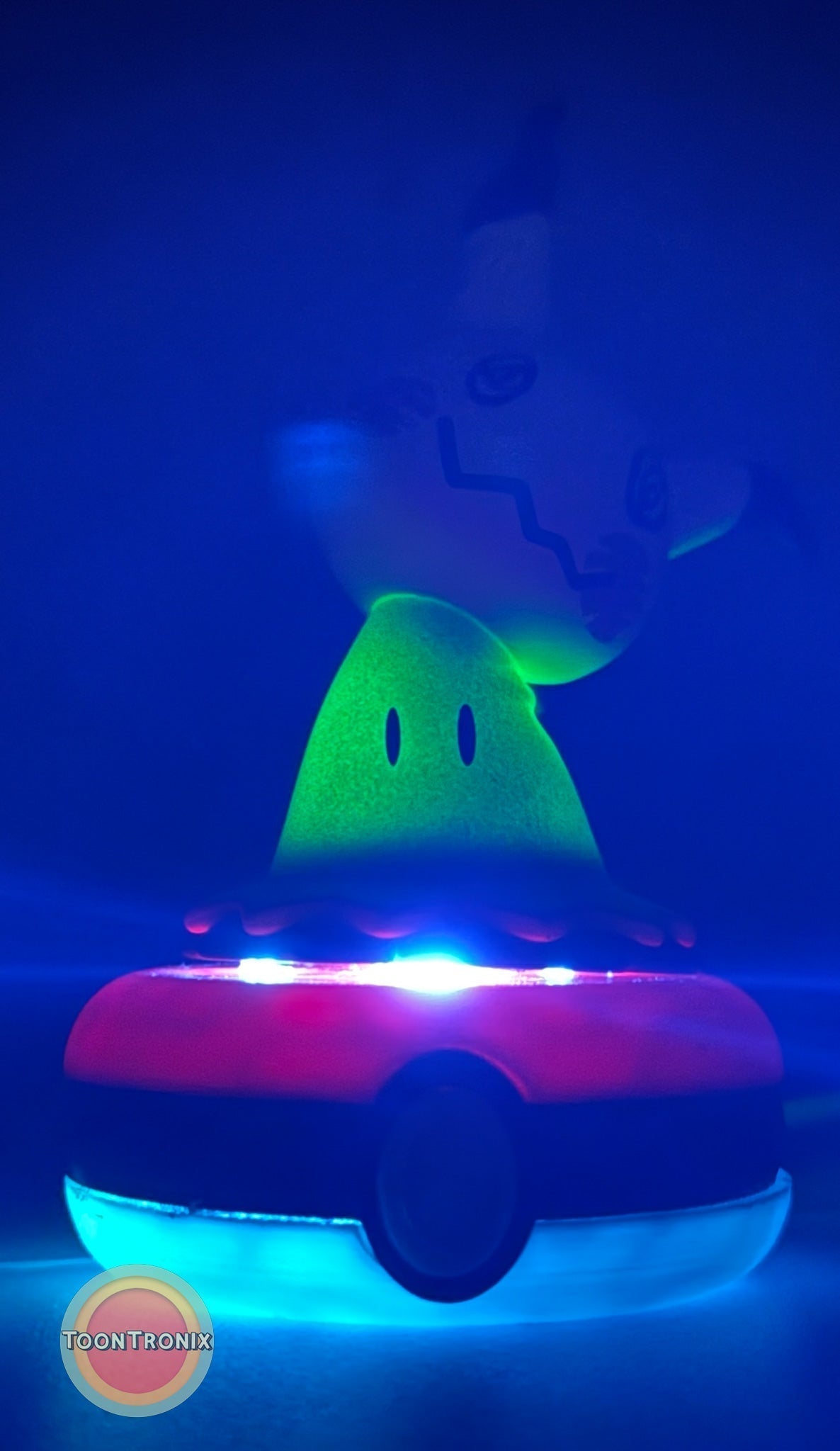 3" Mimikyu Pokemon Statue USB Desk Lamp glowing on a Pokeball base with built-in USB cord