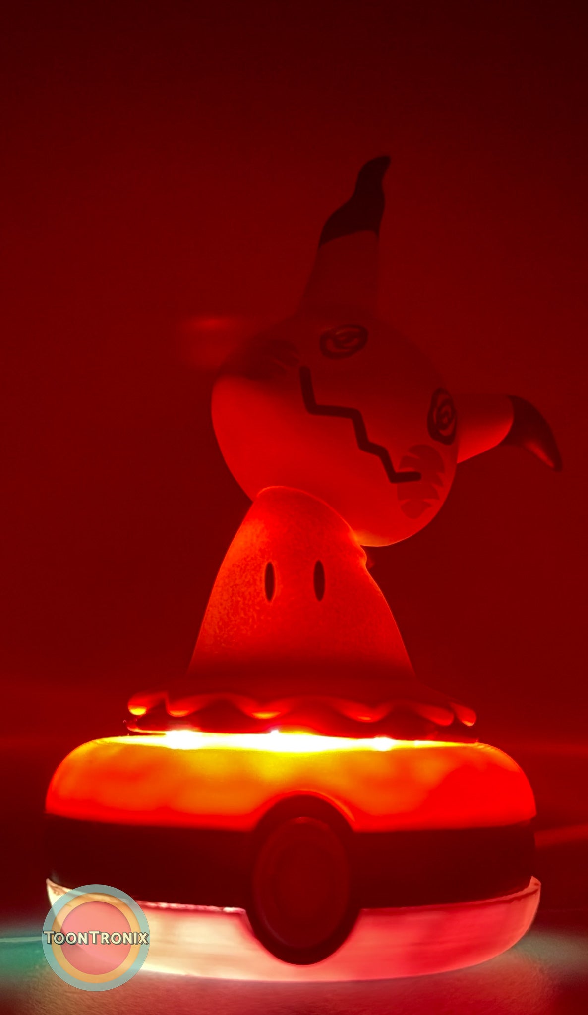 3" Mimikyu Pokemon statue USB desk lamp glowing red on Pokeball base
