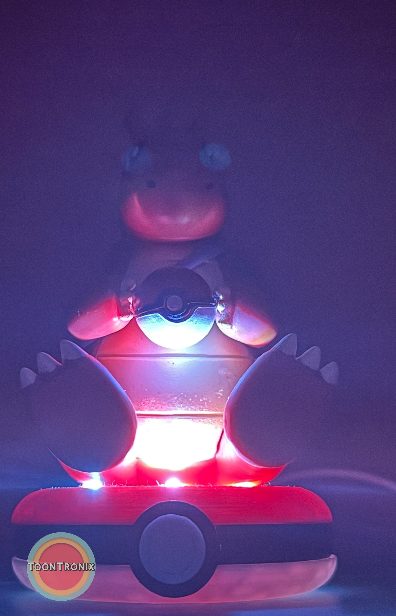 5" Dragonite Pokemon statue desk lamp with USB cord glowing on Pokeball base