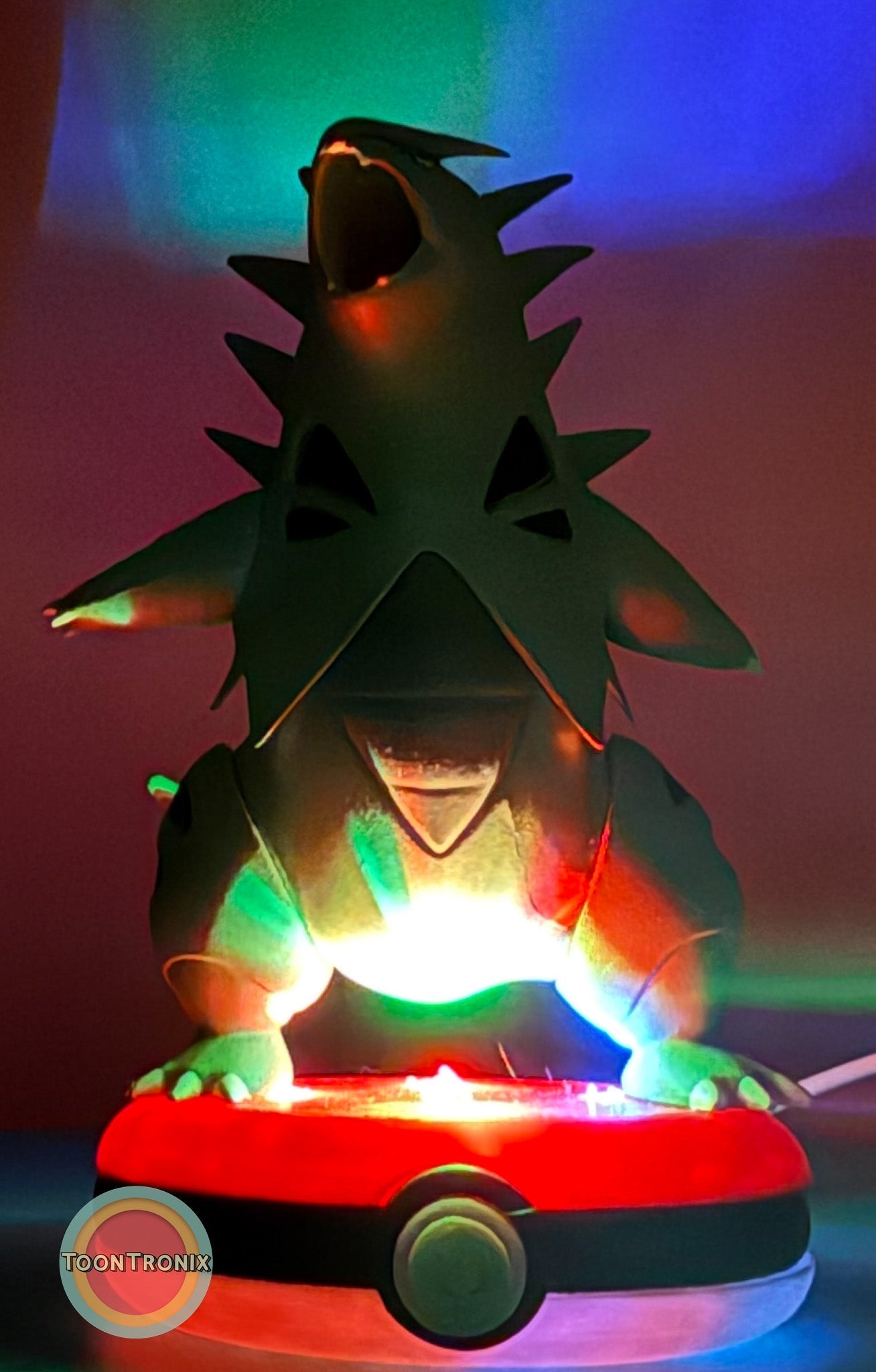 5" Tyranitar desk lamp with built-in USB, glowing multi-color light, and Pokeball base