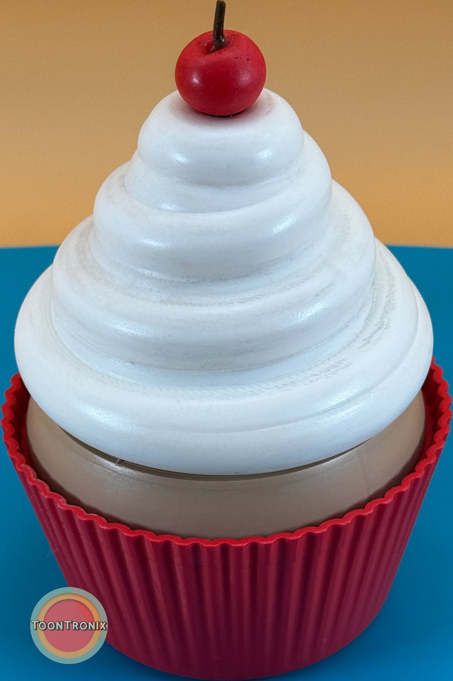 6" or 9" cupcake desk lamp with white swirl frosting, red base, and cherry topper in retro cartoon style