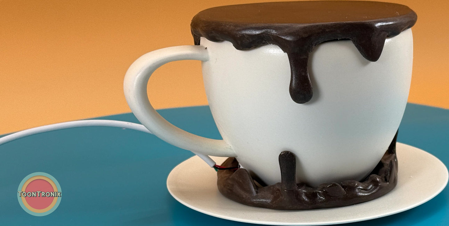6 or 9 inch coffee desk lamp shaped like a white cup with dripping brown coffee design on a saucer