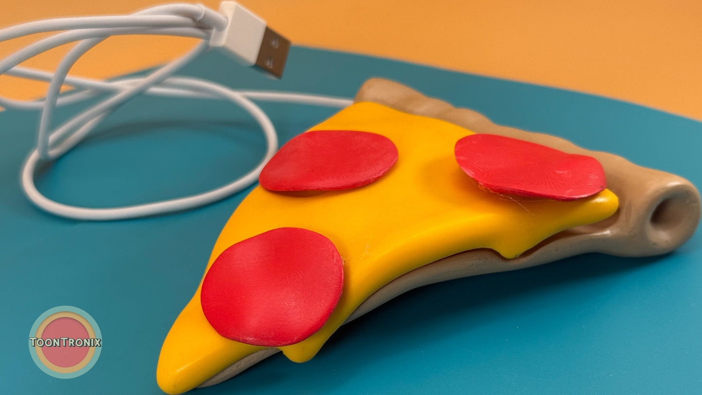 6 or 9 inch pizza-shaped desk lamp with built-in USB cord on blue surface