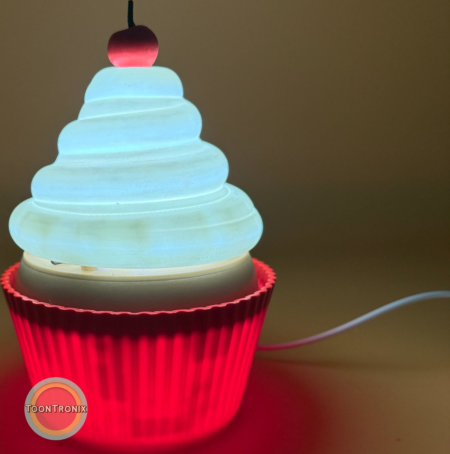 6 or 9 inch cupcake desk lamp with glowing white frosting, red base, and cherry on top, USB powered