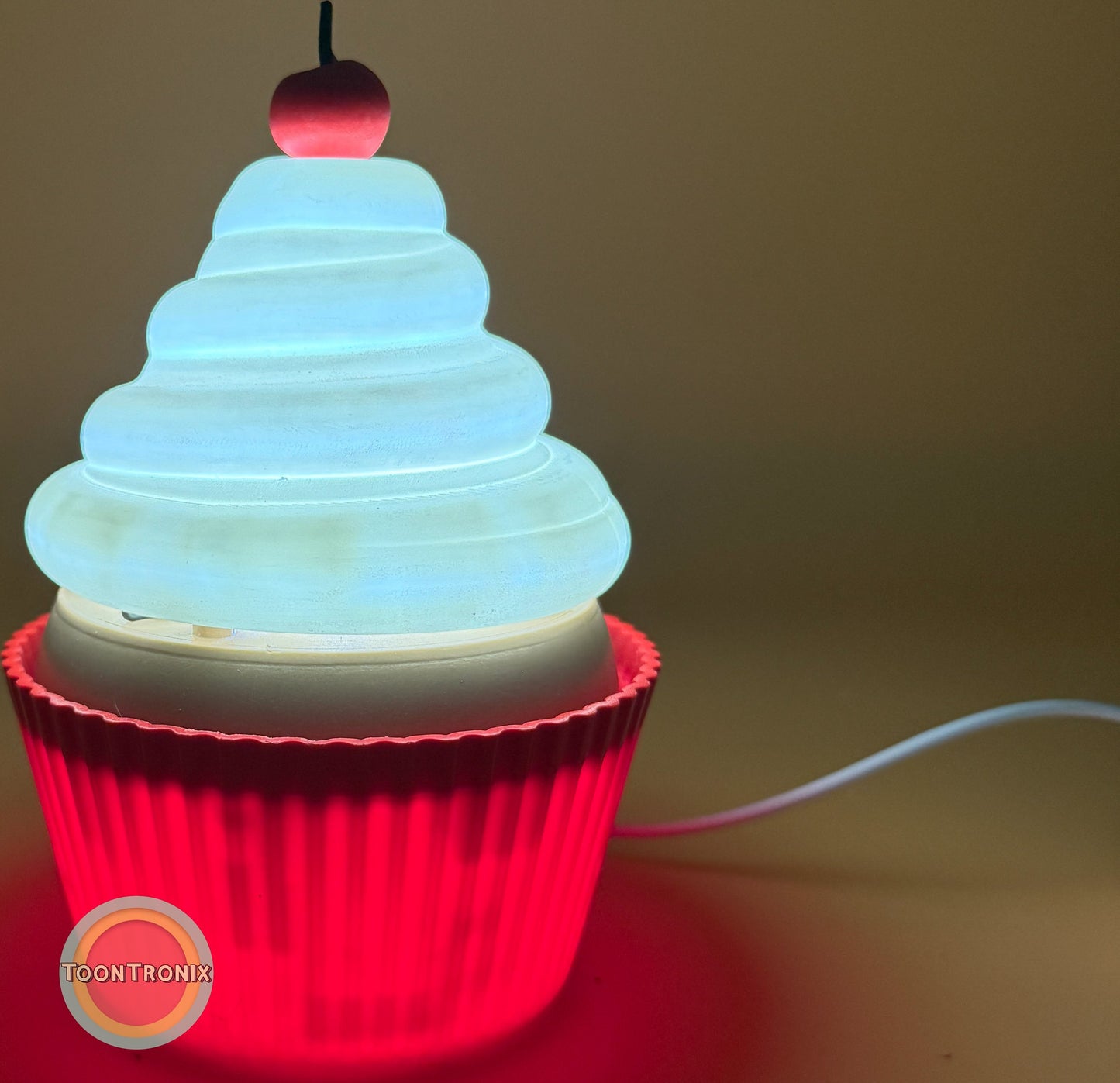 6" or 9" Cupcake Desk Lamp with glowing white frosting, red base, and cherry on top, USB powered retro cartoon style light