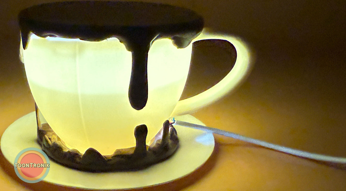 6" or 9" coffee desk lamp shaped like a glowing cup with dripping chocolate design and USB cord