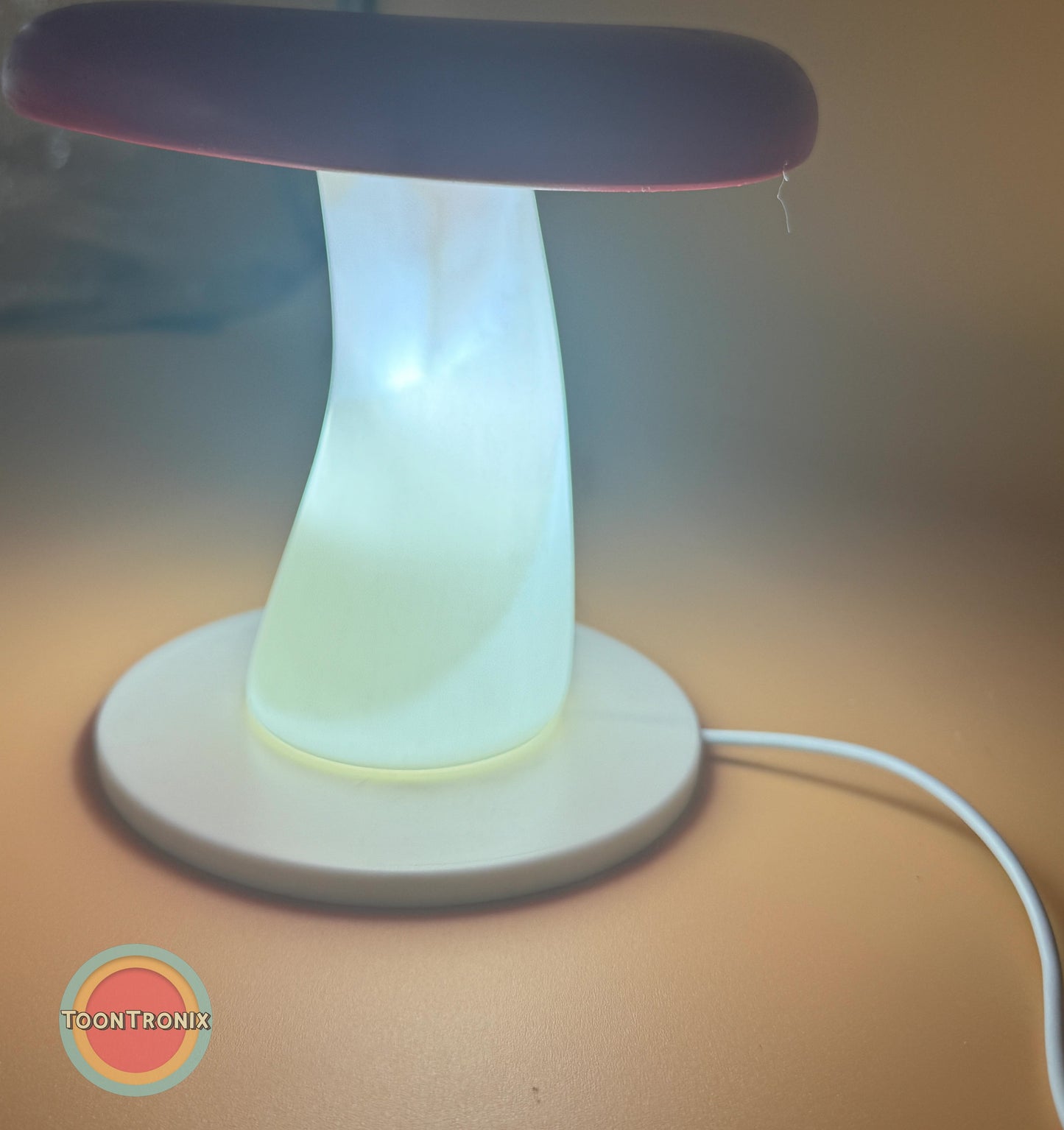 6 or 9 inch mushroom desk lamp with retro cartoon design and built-in USB cord illuminated on neutral background