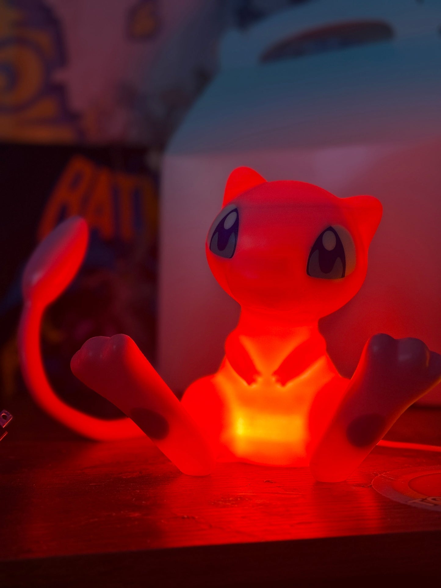 6" tall Mew Pokemon USB desk lamp with LED light and wood-like finish
