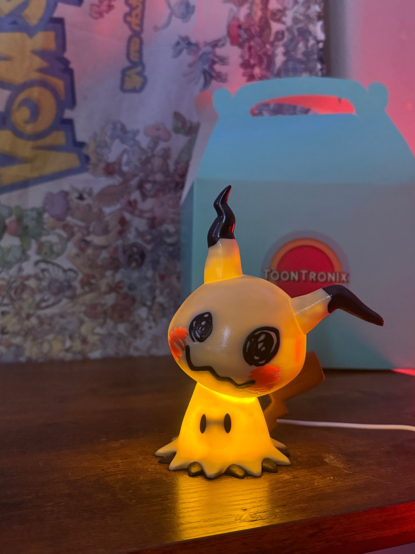 6" Mimikyu Pokemon statue USB desk lamp with glowing LED light and wood-like finish