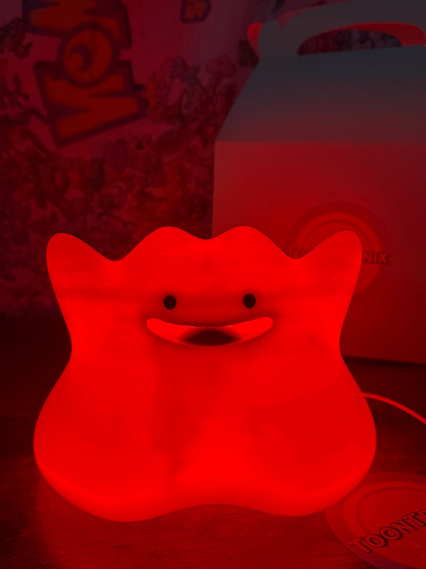 6" Ditto Pokemon Statue LED desk lamp glowing red with USB cord and wood-like finish