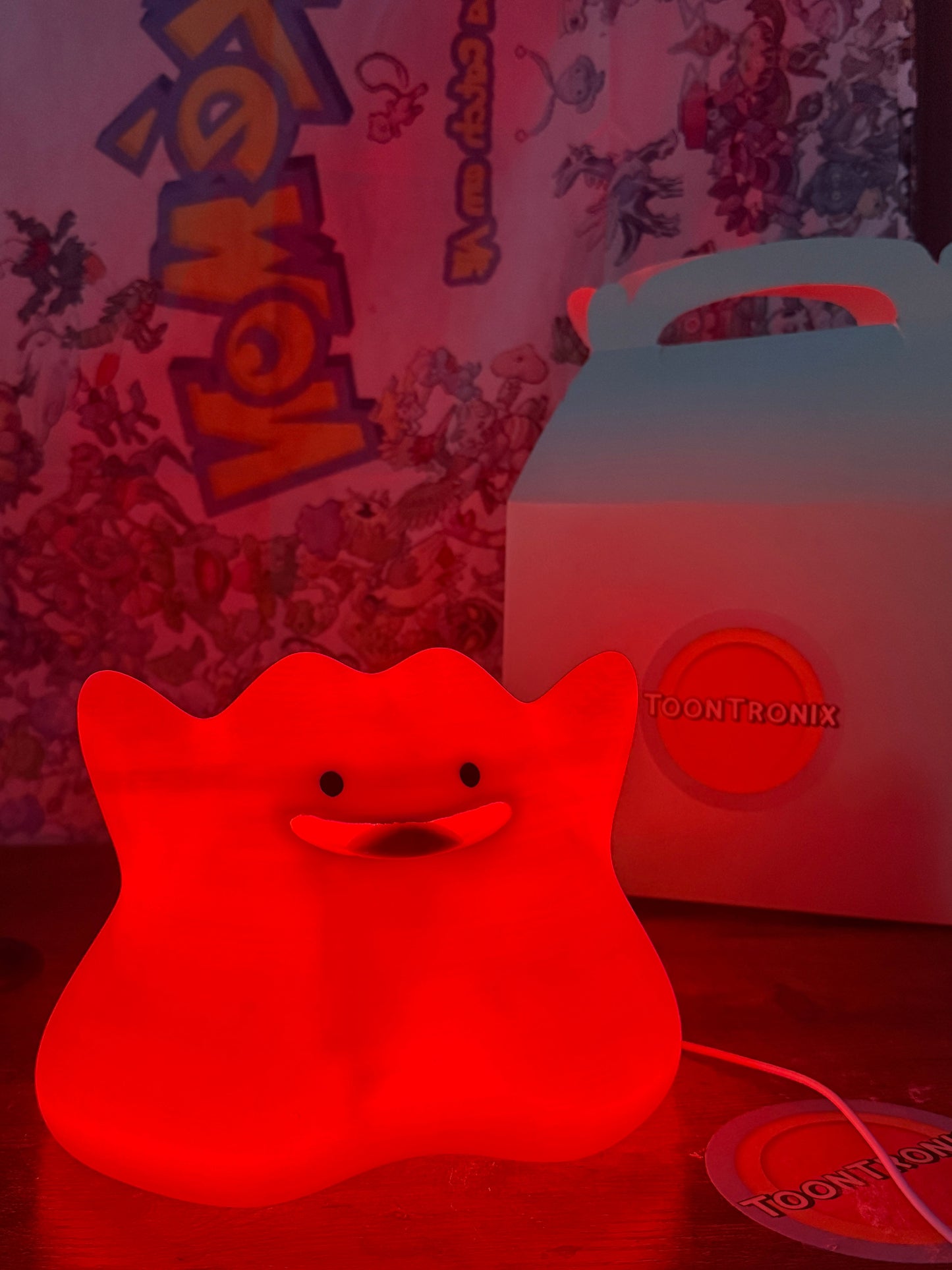 6" Ditto Pokemon statue desk lamp with USB, red LED light, and wood-like finish