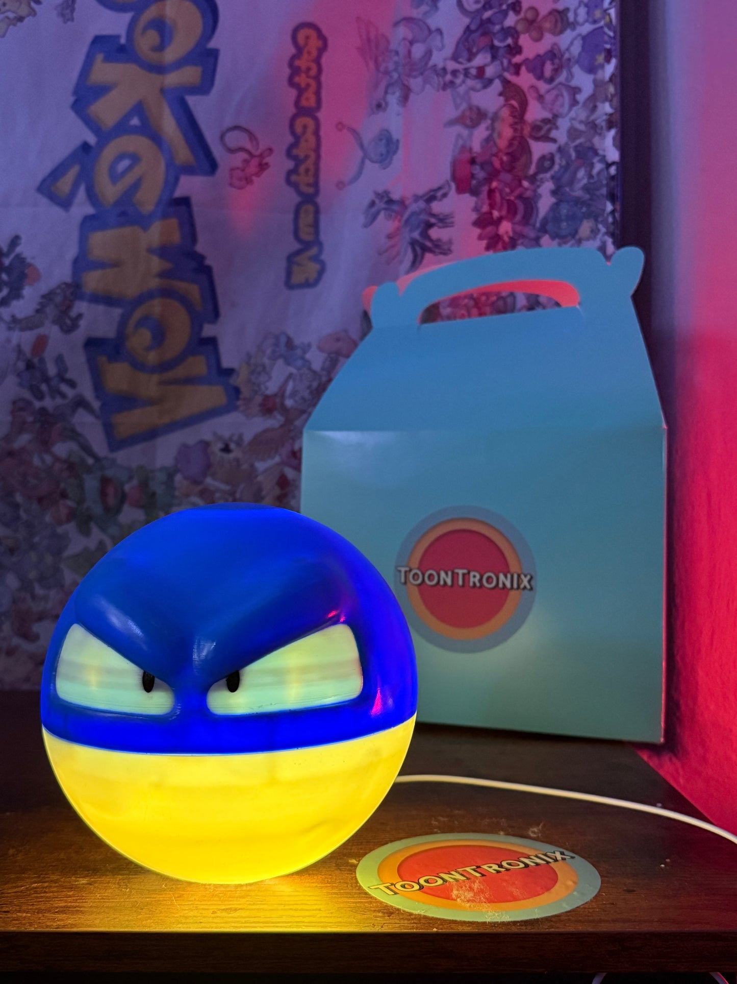 6 inch shiny Voltorb Pokemon desk lamp with blue and yellow LED light and built-in USB cord
