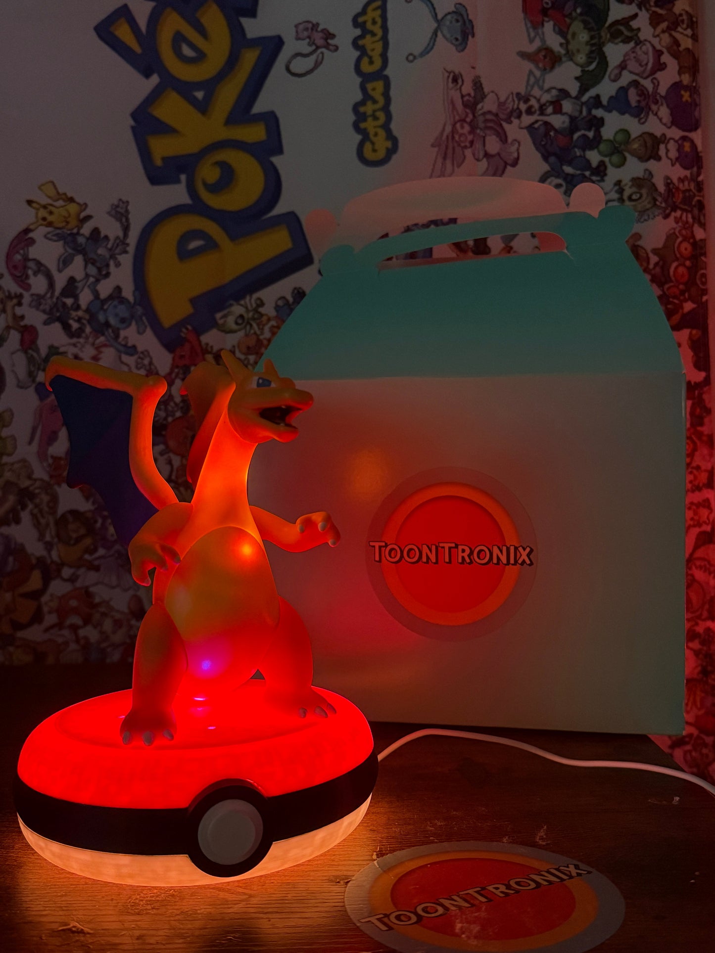 8" Charizard Pokeball Desk Lamp LED light with USB cord on Pokemon-themed desk