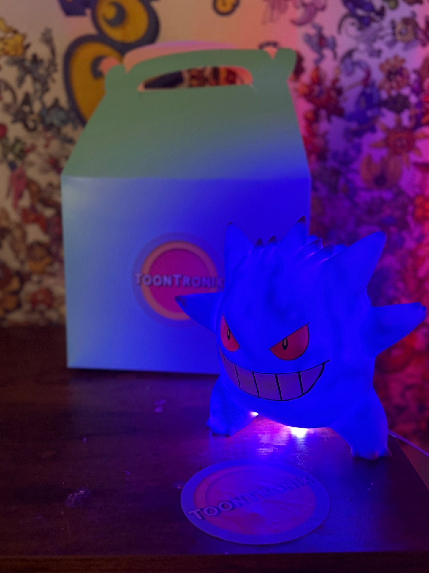 7" Gengar Statue Pokemon USB desk lamp glowing blue with Toontronix packaging in background