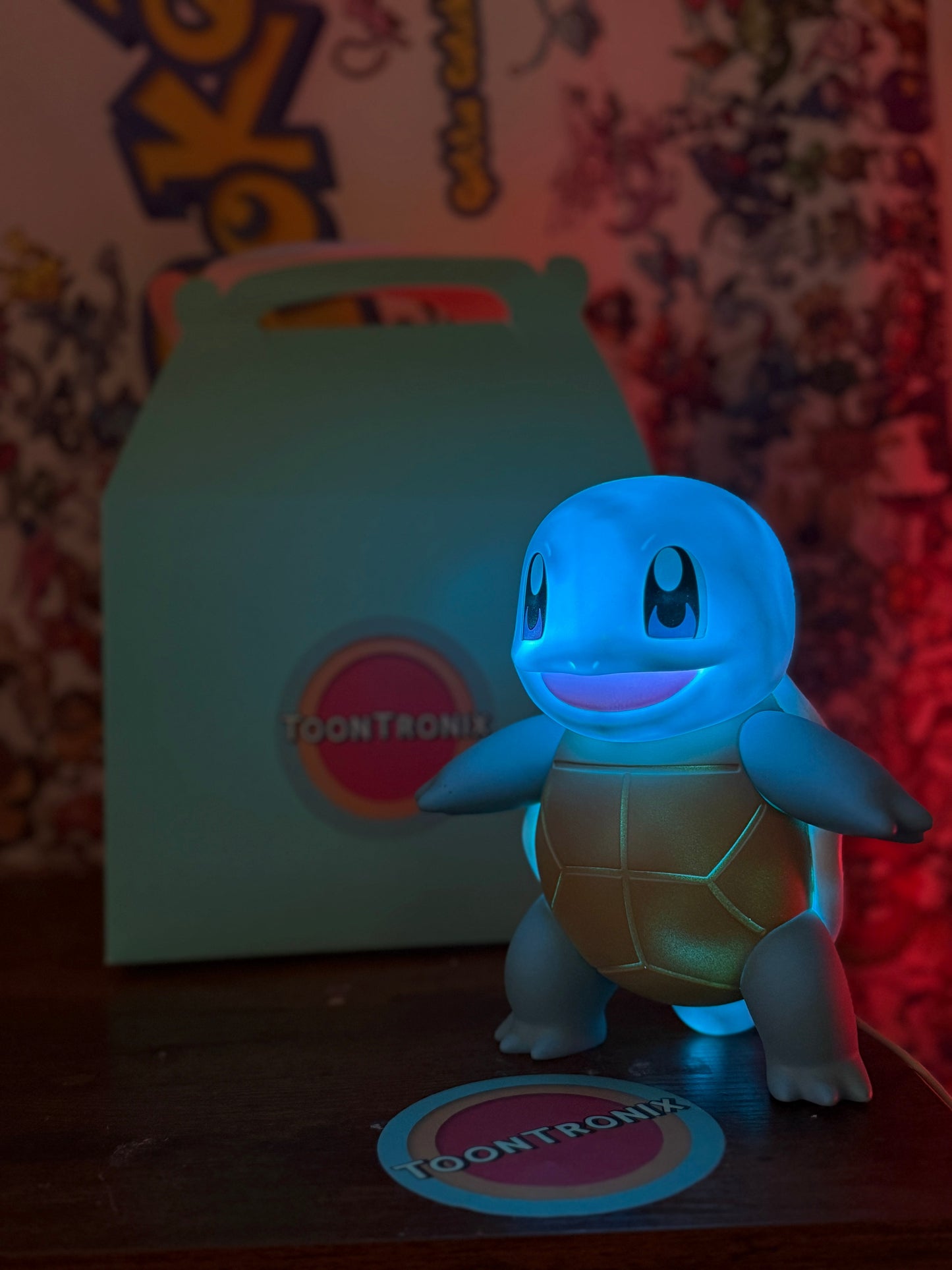7.8" Squirtle Statue LED desk lamp with USB cord illuminated in blue light
