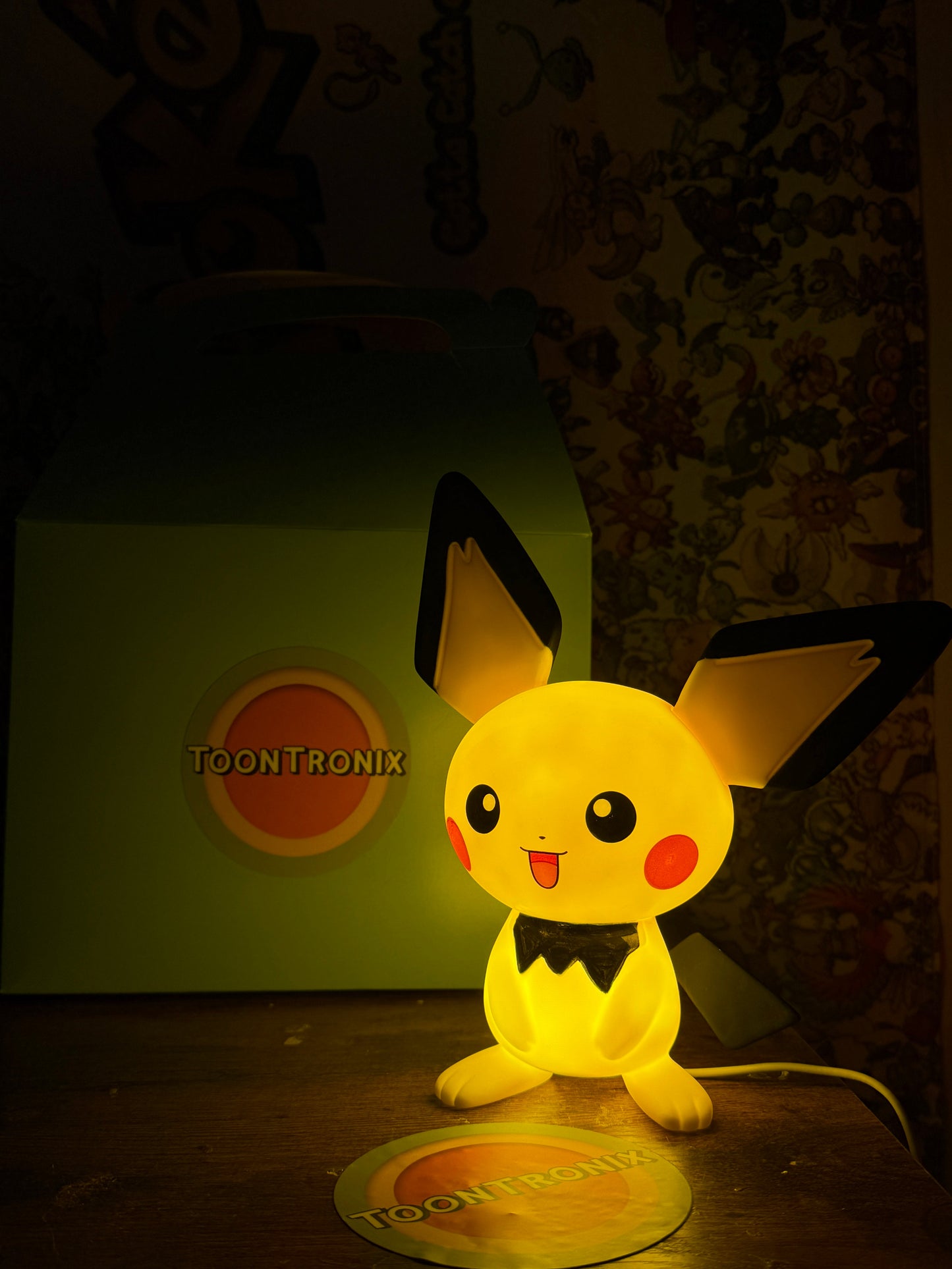 8.5" Pichu statue Pokemon LED desk lamp with built-in USB cord glowing yellow