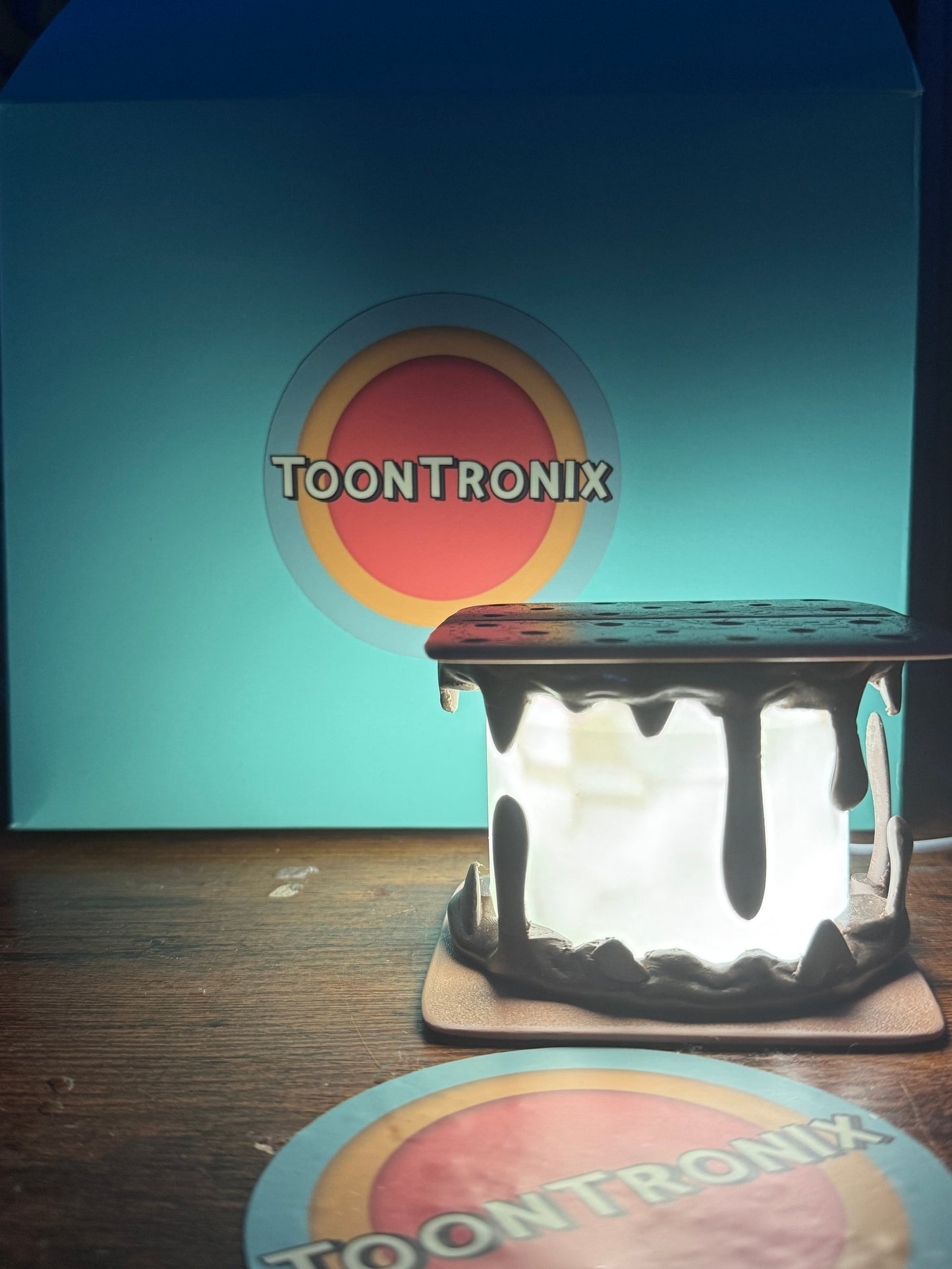 LED Smores Desk Lamp with USB, cartoon style, glowing marshmallow and chocolate design on wooden base