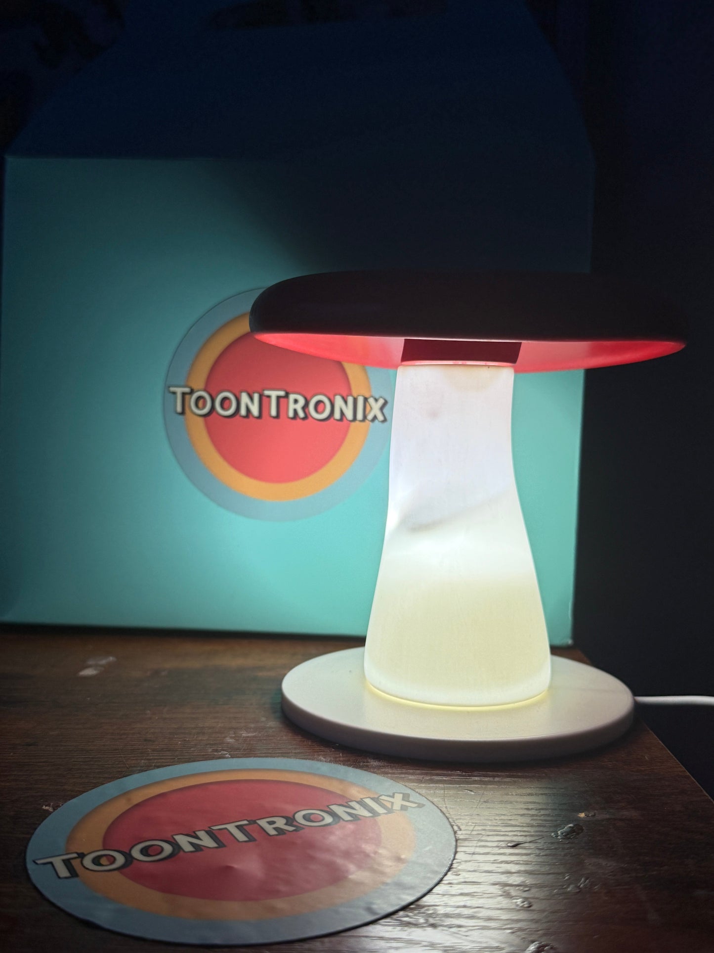 6" or 9" mushroom-shaped LED desk lamp with USB power and wood-like finish