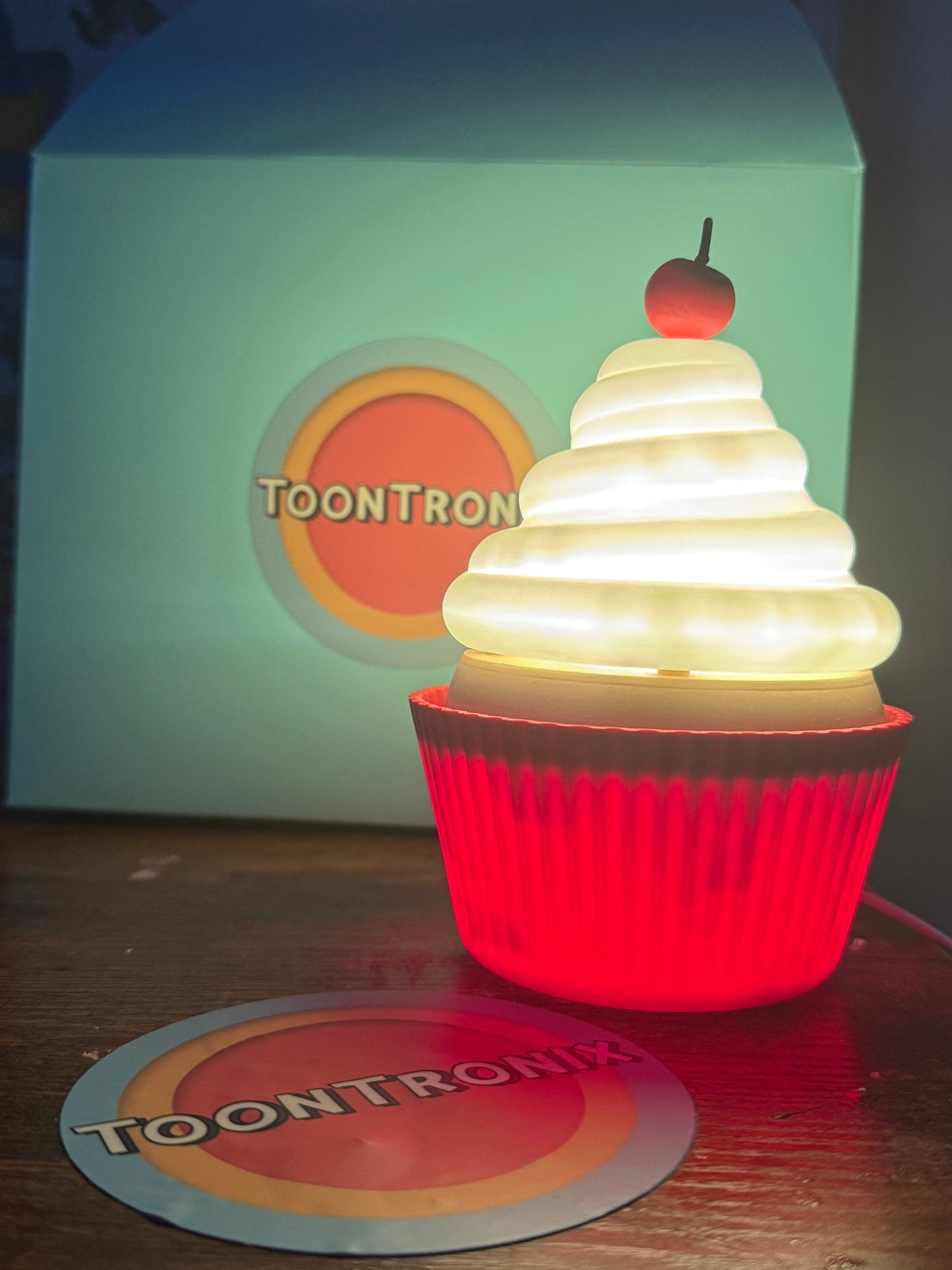 6" or 9" cupcake desk lamp with LED light and USB power, retro cartoon style decor with woodified finish
