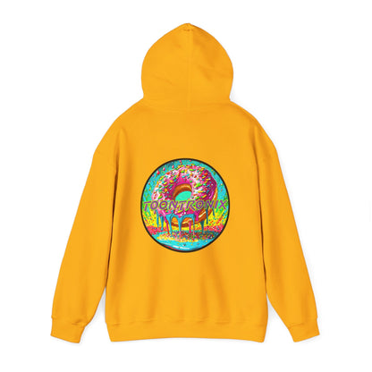 Toontronix Donut Hoodie in vibrant yellow, featuring bold donut design on the back. Unisex Heavy Blend™ sweatshirt with kangaroo pocket and adjustable hood.