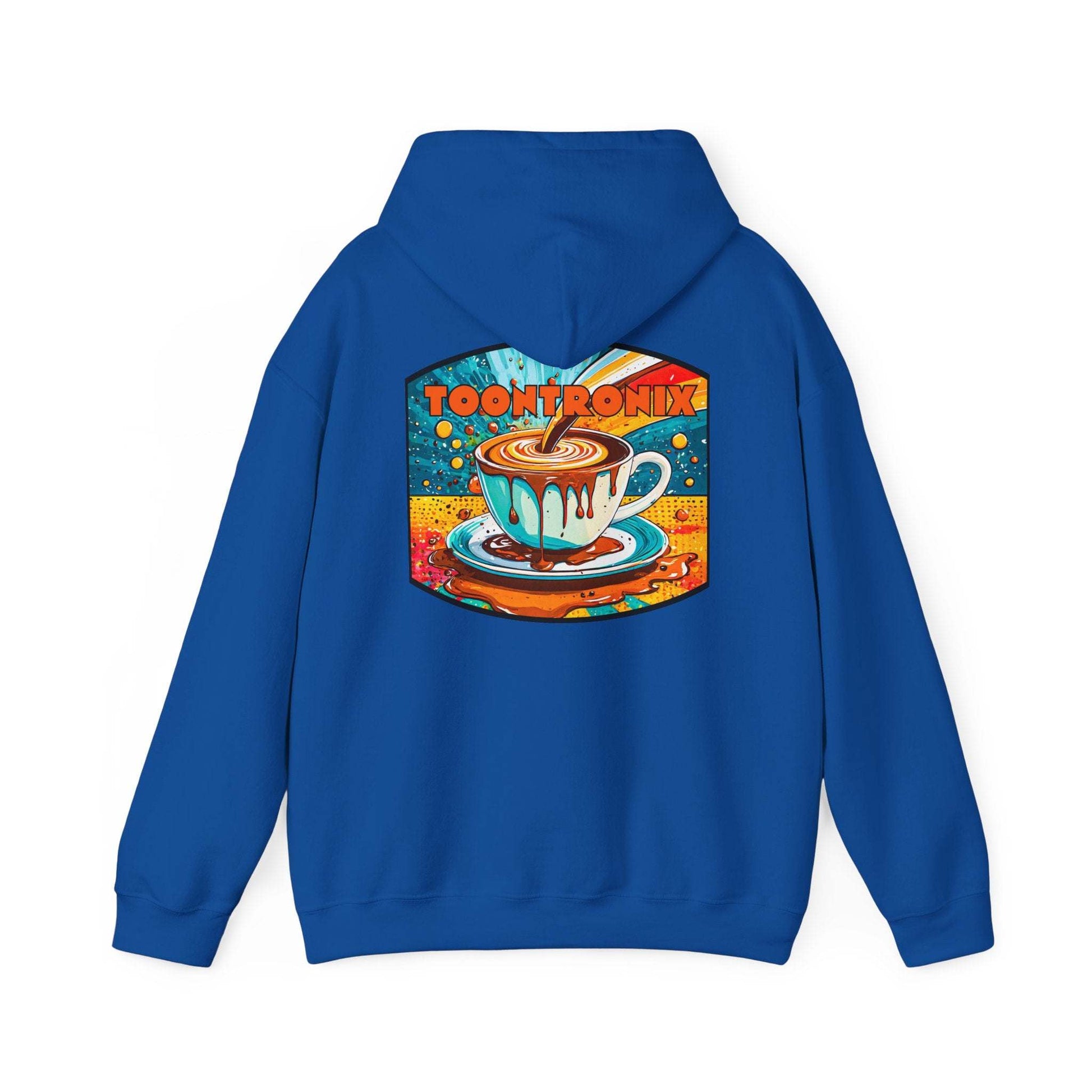 Unisex Toontronix Coffee Drip Hoodie with coffee cup design on back, spacious pocket, and adjustable drawstring hood.