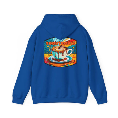 Unisex Toontronix Coffee Drip Hoodie with coffee cup design on back, spacious pocket, and adjustable drawstring hood.