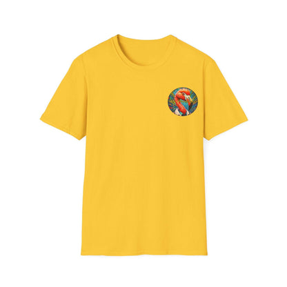 Vibrant Dr. Flamingoz unisex t-shirt in yellow with tropical flamingo design.