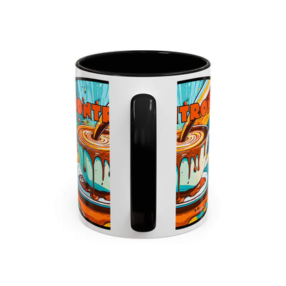 Vibrant coffee mug with colorful retro art design, durable ceramic.